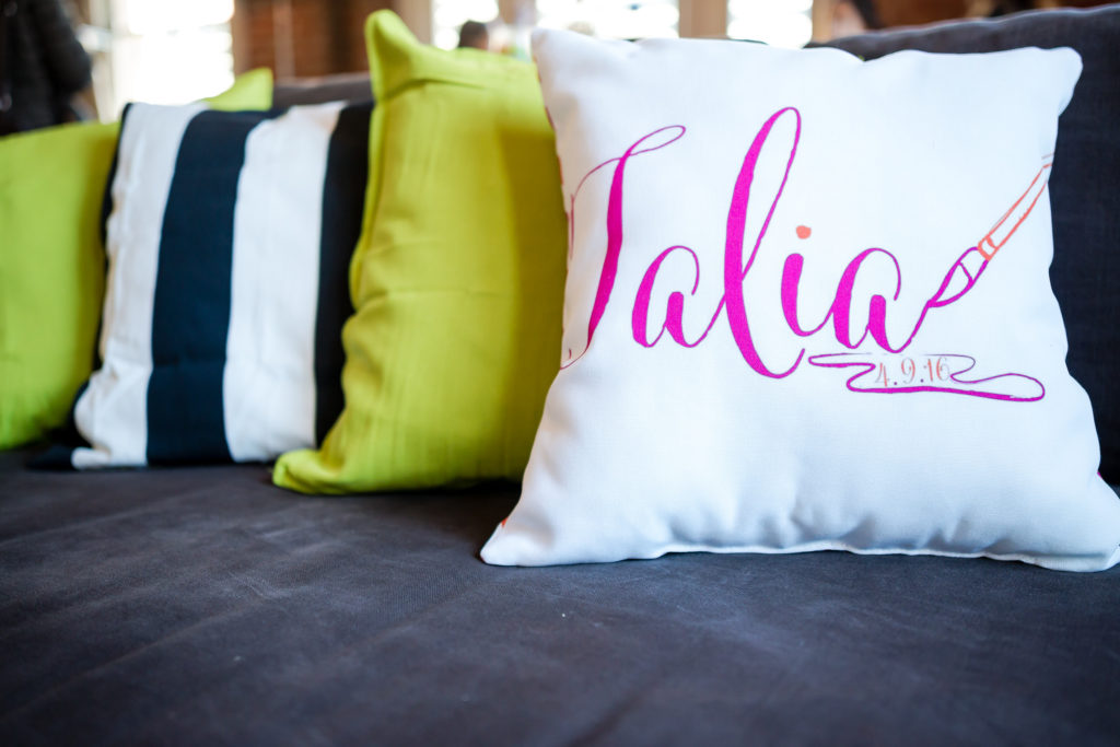 Art-inspired Bat Mitzvah logo on a pillow | Pop Color Events | Adding a Pop of Color to Bar & Bat Mitzvahs in DC, MD & VA