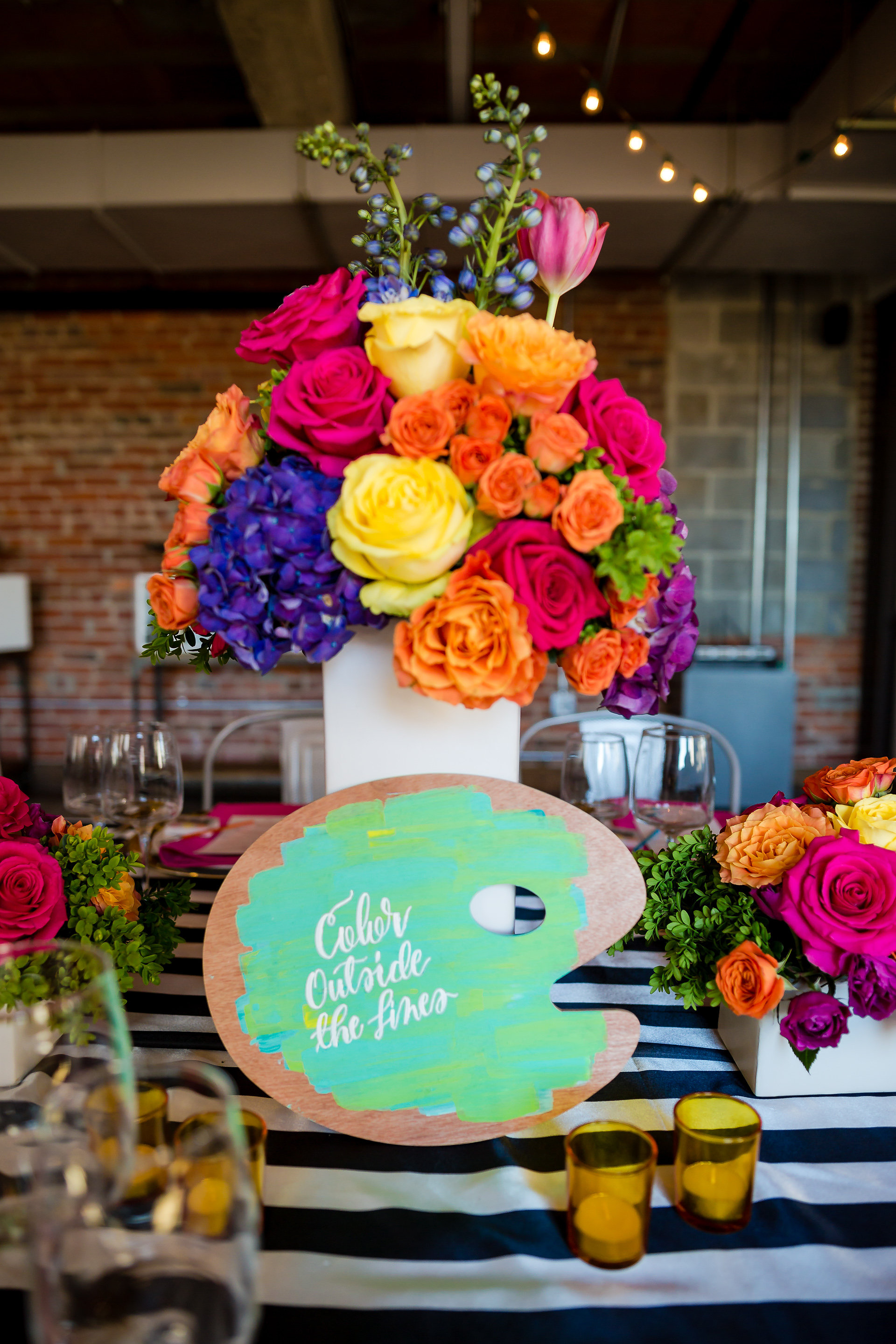 Floral and Art Themed Bat Mitzvah Centerpieces and Artist Sign | Pop Color Events | Adding a Pop of Color to Bar & Bat Mitzvahs in DC, MD & VA | Photos by Powell Woulfe Photography