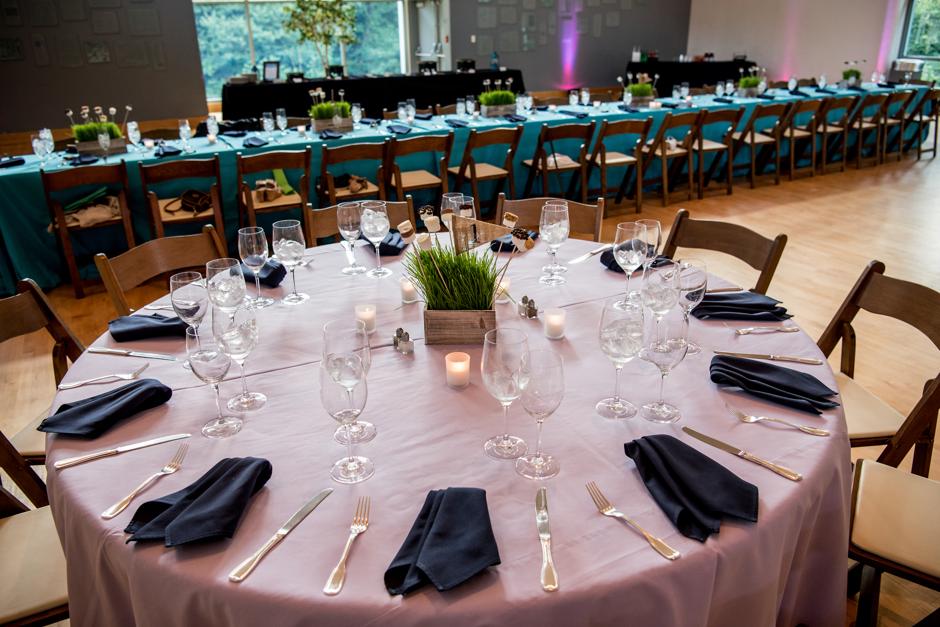 Colorful Tables with Rustic Wheatgrass and Marshmallow Centerpiece for Camp Color War Bat Mitzvah at Temple Rodef Shalom in Falls Church, VA | Pop Color Events | Adding a Pop of Color to Bar & Bat Mitzvahs in DC, MD & VA | Photo by Greg Land Photography 