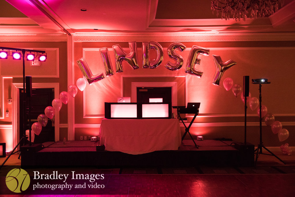 Balloon arch over the dance floor at Lindsey's pink book themed Bat Mitzvah party at DoubleTree Bethesda | Pop Color Events | Adding a Pop of Color to Bar & Bat Mitzvahs in DC, MD & VA | Photo by Bradley Images