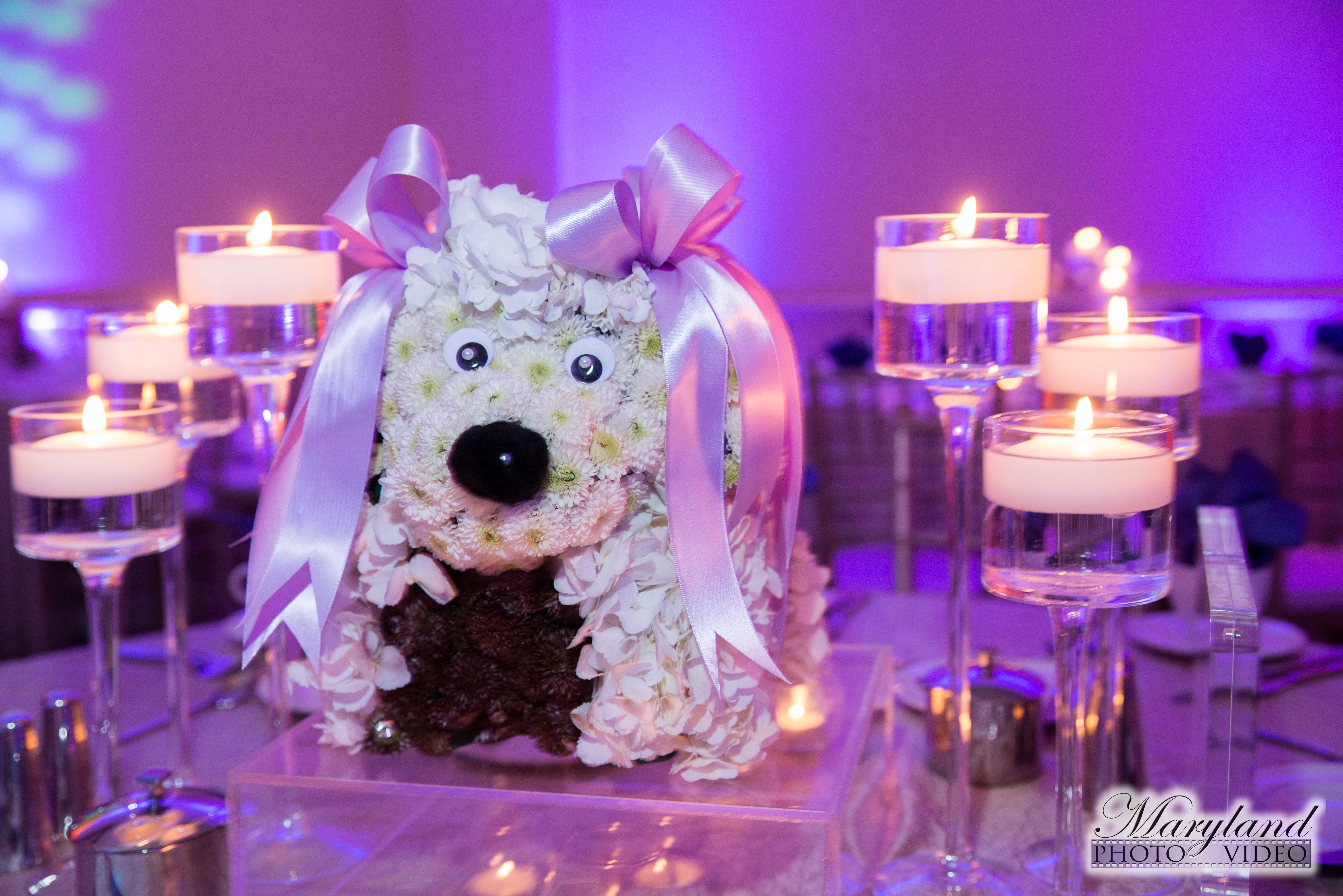 Floral dog centerpieces at Dog themed Bat Mitzvah Party at Westin Tysons Corner | Pop Color Events | Adding a Pop of Color to Bar & Bat Mitzvahs in DC, MD & VA | Photo by Maryland Photo/Video