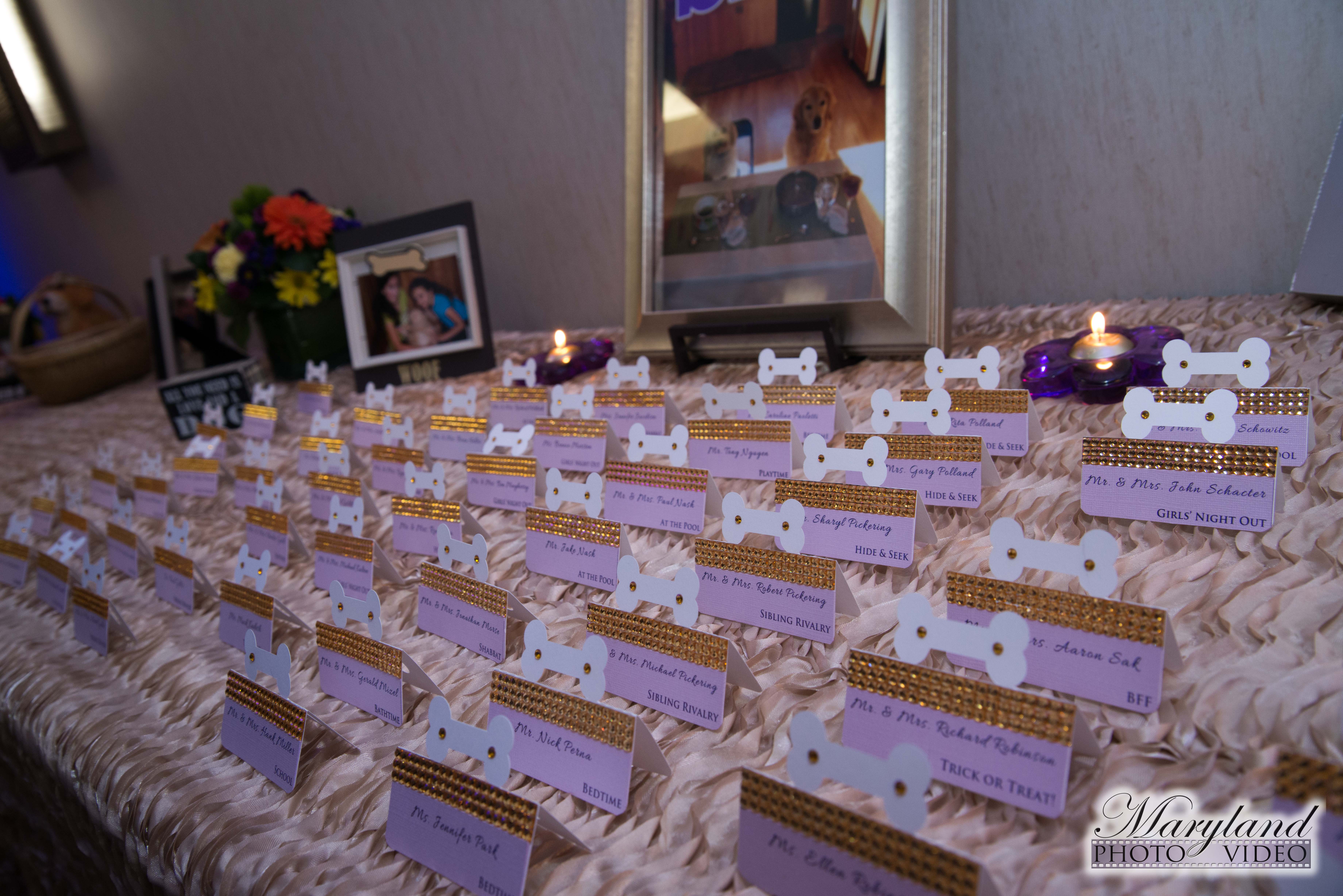 Escort cards/ Place cards at purple Dog themed Bat Mitzvah Party at Westin Tysons Corner | Pop Color Events | Adding a Pop of Color to Bar & Bat Mitzvahs in DC, MD & VA | Photo by Maryland Photo/Video