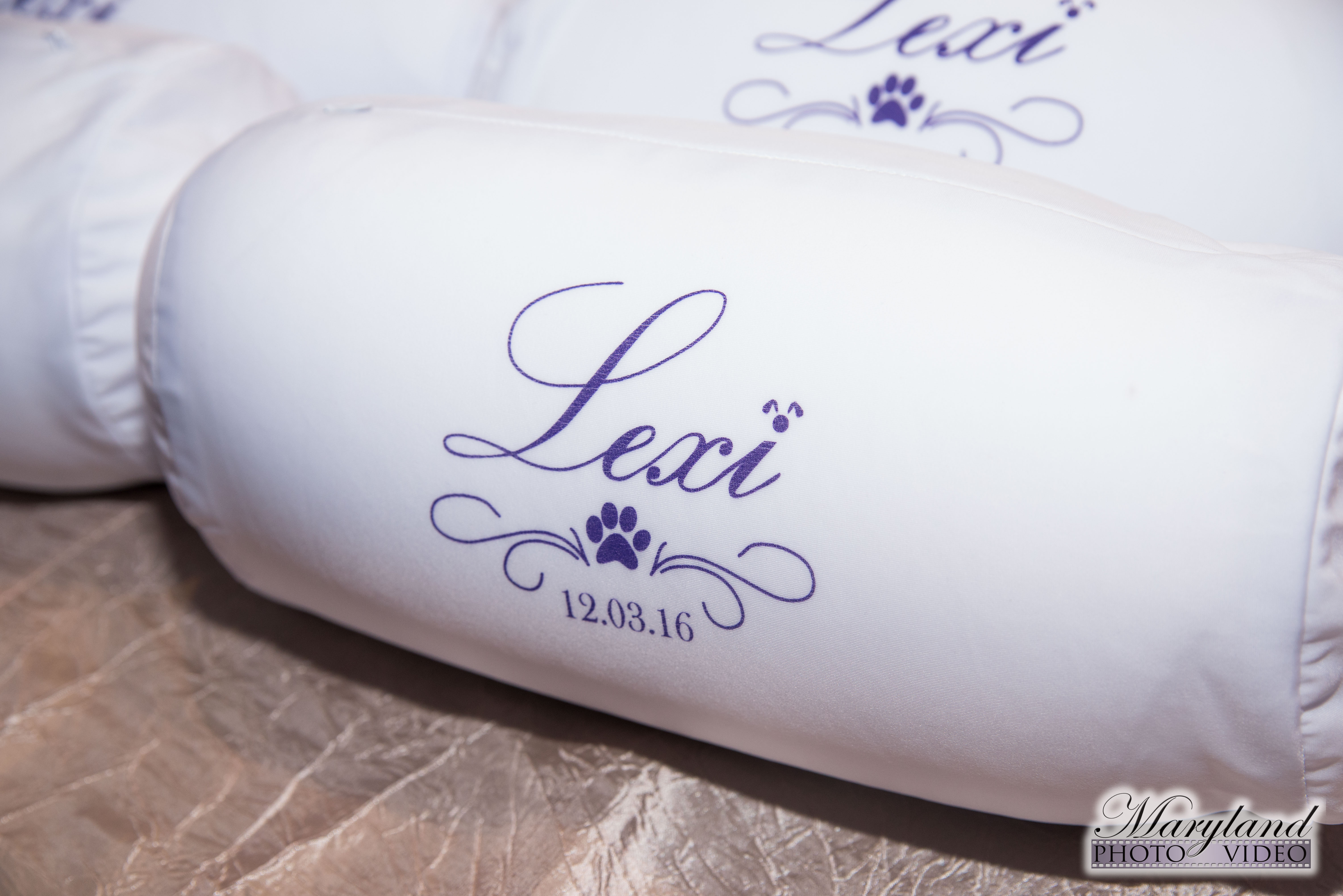 Pillow favors at purple Dog themed Bat Mitzvah Party at Westin Tysons Corner | Pop Color Events | Adding a Pop of Color to Bar & Bat Mitzvahs in DC, MD & VA | Photo by Maryland Photo/Video