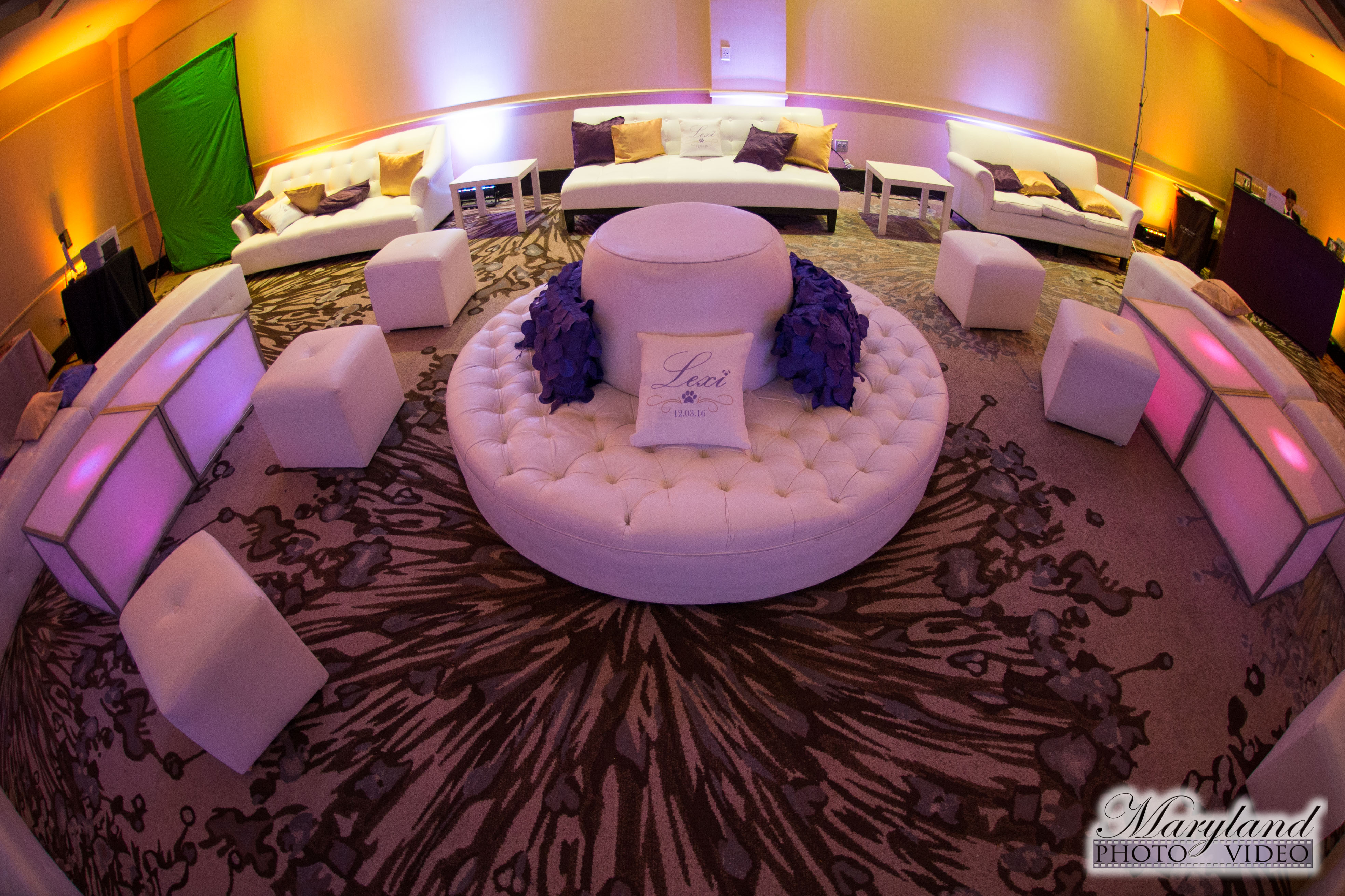 Lounge furniture at purple Dog themed Bat Mitzvah Party at Westin Tysons Corner | Pop Color Events | Adding a Pop of Color to Bar & Bat Mitzvahs in DC, MD & VA | Photo by Maryland Photo/Video