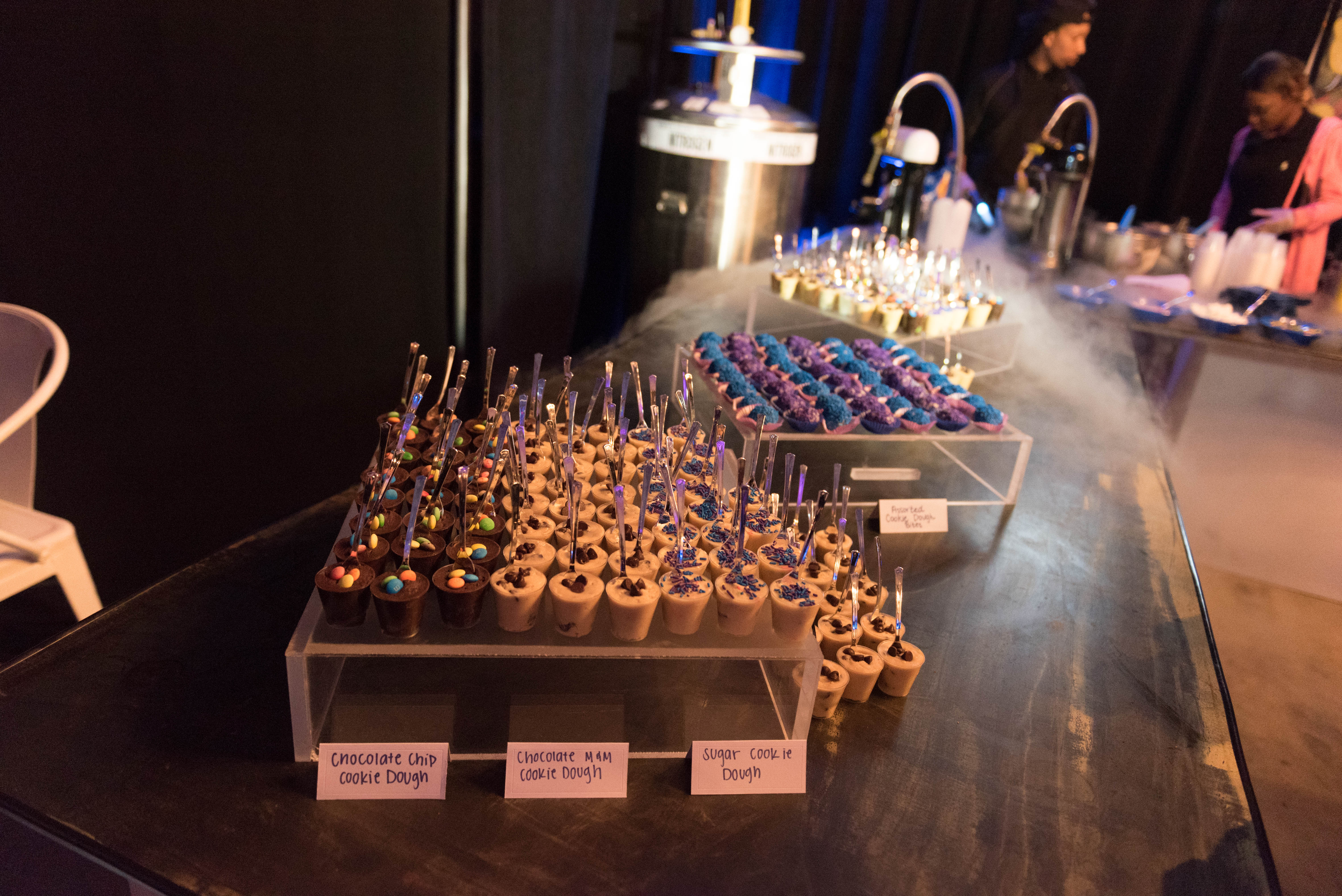 Cookie dough and liquid nitrogen ice cream at midnight blue and lavender urban lounge and club-themed B'nai Mitzvah party for twins in Beltsville, Maryland | Pop Color Events | Adding a Pop of Color to Bar and Bat Mitzvahs in DC, MD & VA