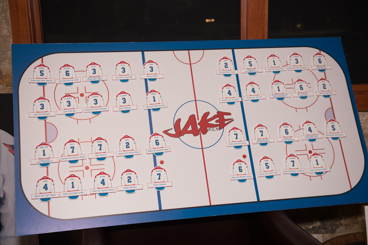 Hockey rink and jersey seating chart with escort cards at Jake's Pinstripes Georgetown DC Red and Black Hockey-themed Bar Mitzvah Party | Pop Color Events | Adding a pop of color to Bar & Bat Mitzvahs in DC, MD & VA | Photo by Susan Hornyak Photography