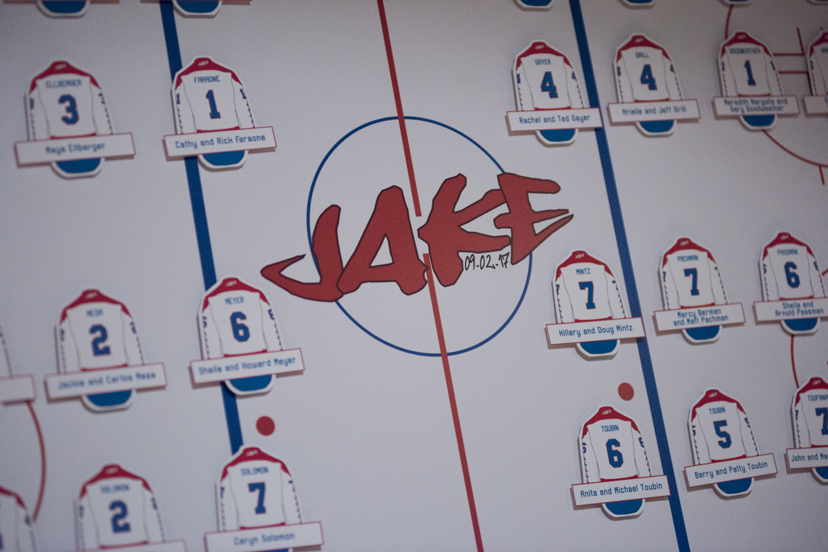 Hockey rink and jersey seating chart with escort cards at Jake's Pinstripes Georgetown DC Red and Black Hockey-themed Bar Mitzvah Party | Pop Color Events | Adding a pop of color to Bar & Bat Mitzvahs in DC, MD & VA | Photo by Susan Hornyak Photography