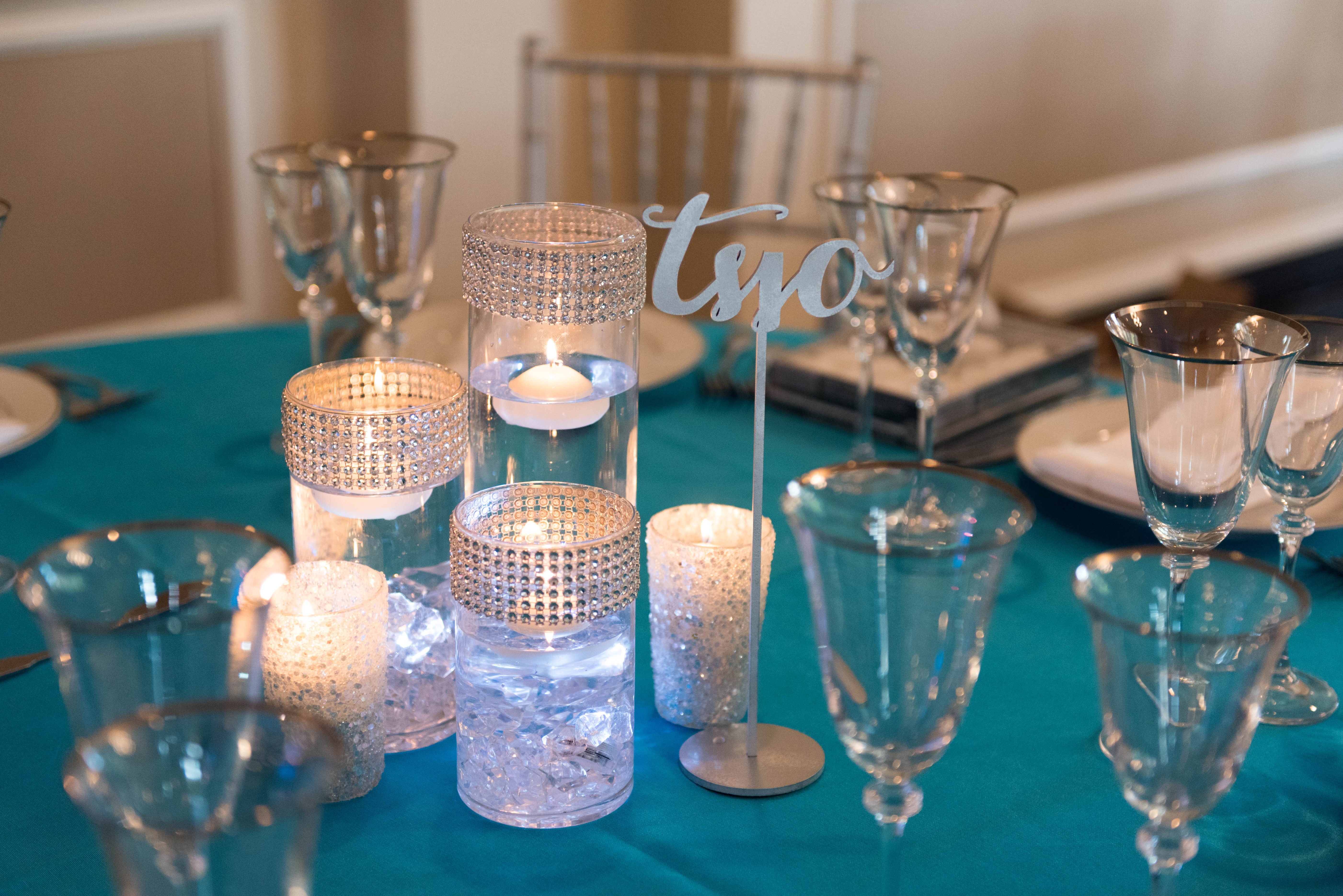 Floating candle and bling centerpieces Shoshana's blue and silver sparkle Bat Mitzvah party at Rock Creek Mansion in Bethesda. | Pop Color Events | Adding a Pop of Color to Bar & Bat Mitzvahs in MD, DC & VA. | Photo by A La Mode Photography