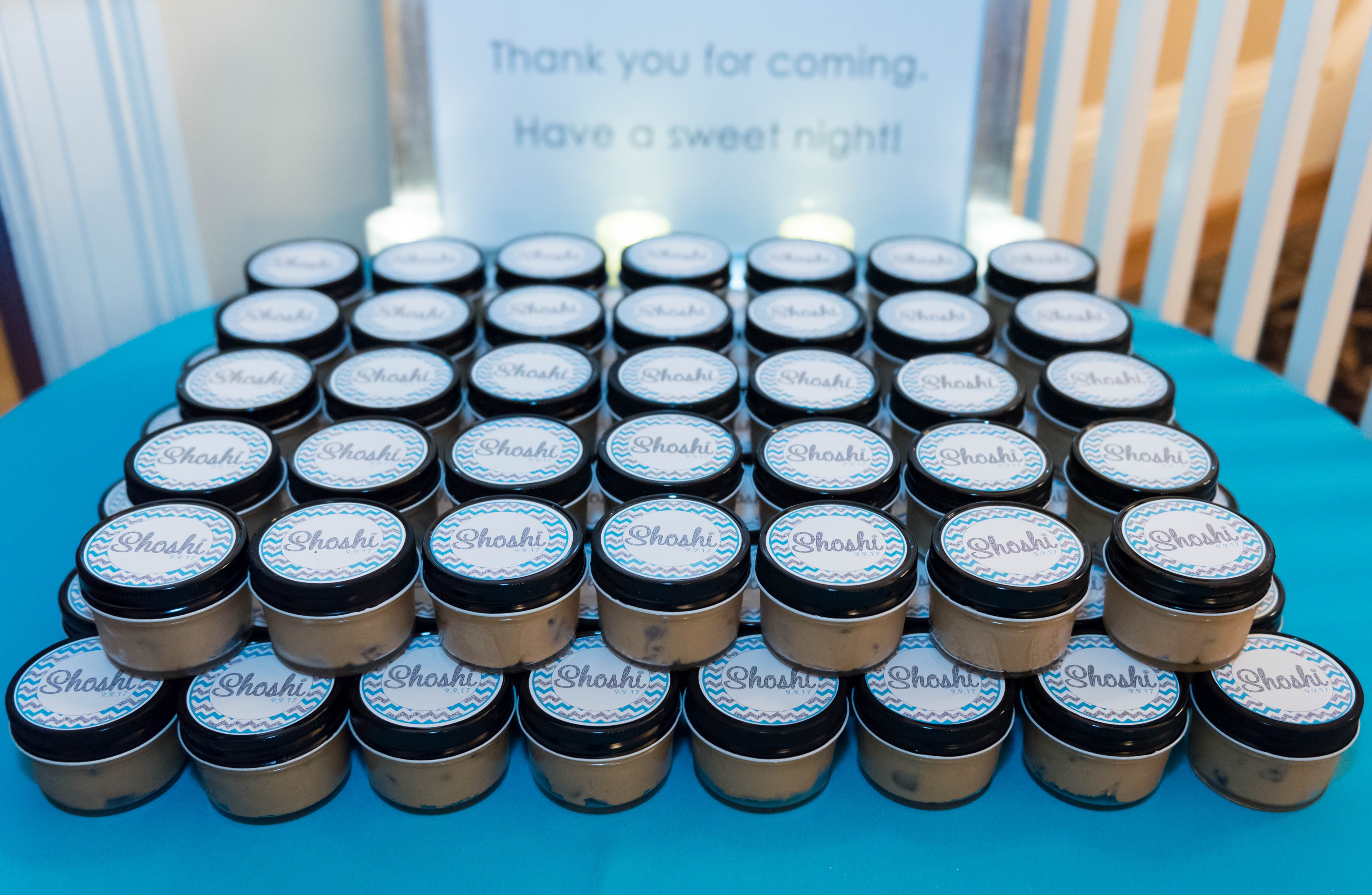 Edible cookie dough jar favors at Shoshana's blue and silver sparkle Bat Mitzvah party at Rock Creek Mansion in Bethesda. | Pop Color Events | Adding a Pop of Color to Bar & Bat Mitzvahs in MD, DC & VA. | Photo by A La Mode Photography