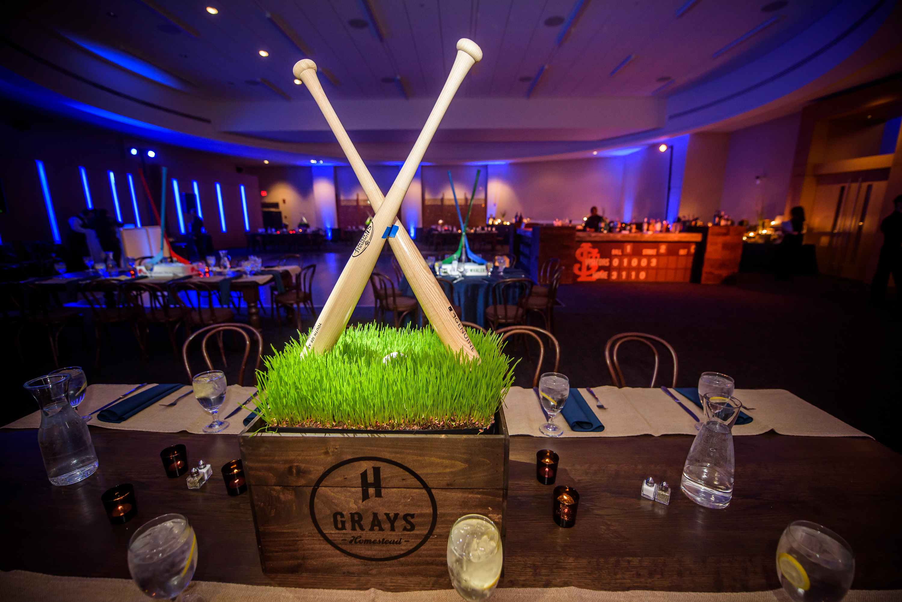 Baseball centerpiece at Vintage sports Bar Mitzvah party at Adas Israel in Washington DC | Pop Color Events | Adding a Pop of Color to Bar & Bat Mitzvahs in DC, MD & VA | Photo by Matt Mendelsohn Creative