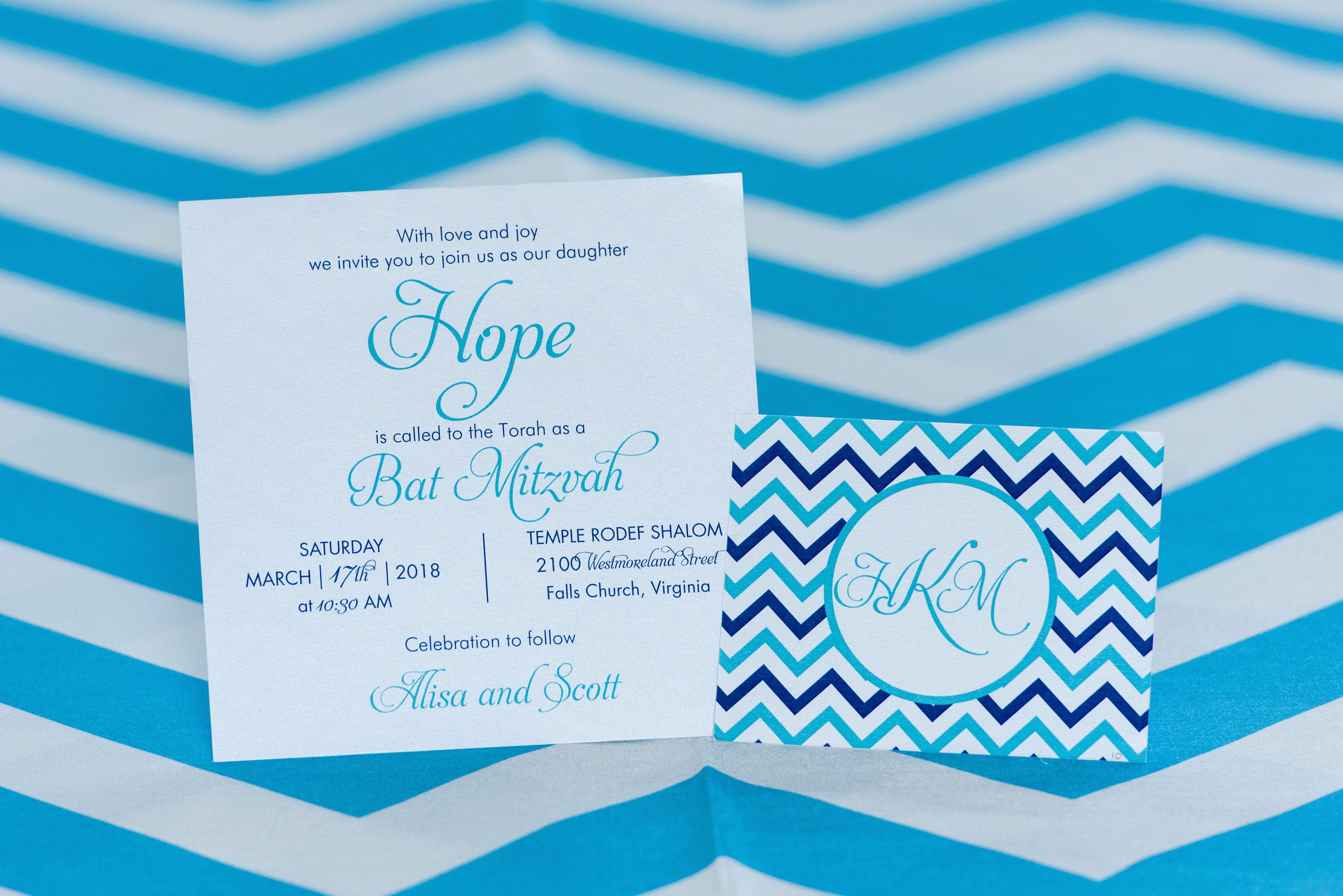 Event Prints Invitations for Hope's teal and blue Bat Mitzvah party at Temple Rodef Shalom in Falls Church, Virginia with balloons, a mirror photo booth and chevron. | Pop Color Events | Adding a Pop of Color to Bar & Bat Mitzvahs in DC, MD & VA | Photo by Greg Land Photography