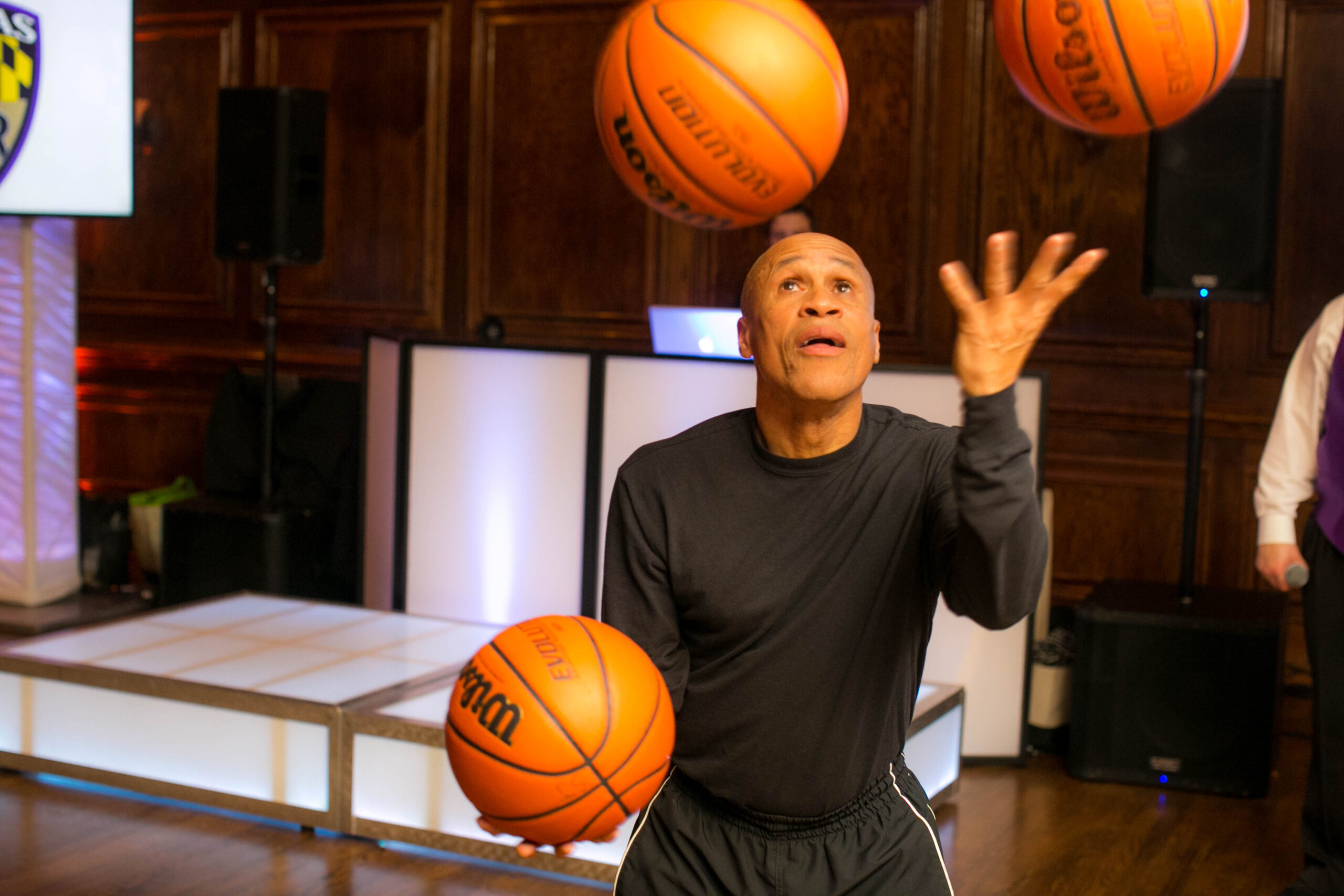Basketball Tricks at a Bar Mitzvah with On the Ball Spinny | Pop Color Events | Adding a Pop of Color to Bar & Bat Mitzvahs in MD, DC, & VA | Photo by Michael Temchine Photography
