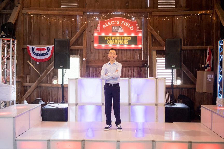 DJ area with Scoreboard at Alec's Cubs Baseball-themed Bar Mitzvah Party at Rocklands Farm in Poolesville, MD | Pop Color Events | Adding a Pop of Color to Bar and Bat Mitzvahs in DC, MD and VA | Photo by Jason Weil Photography