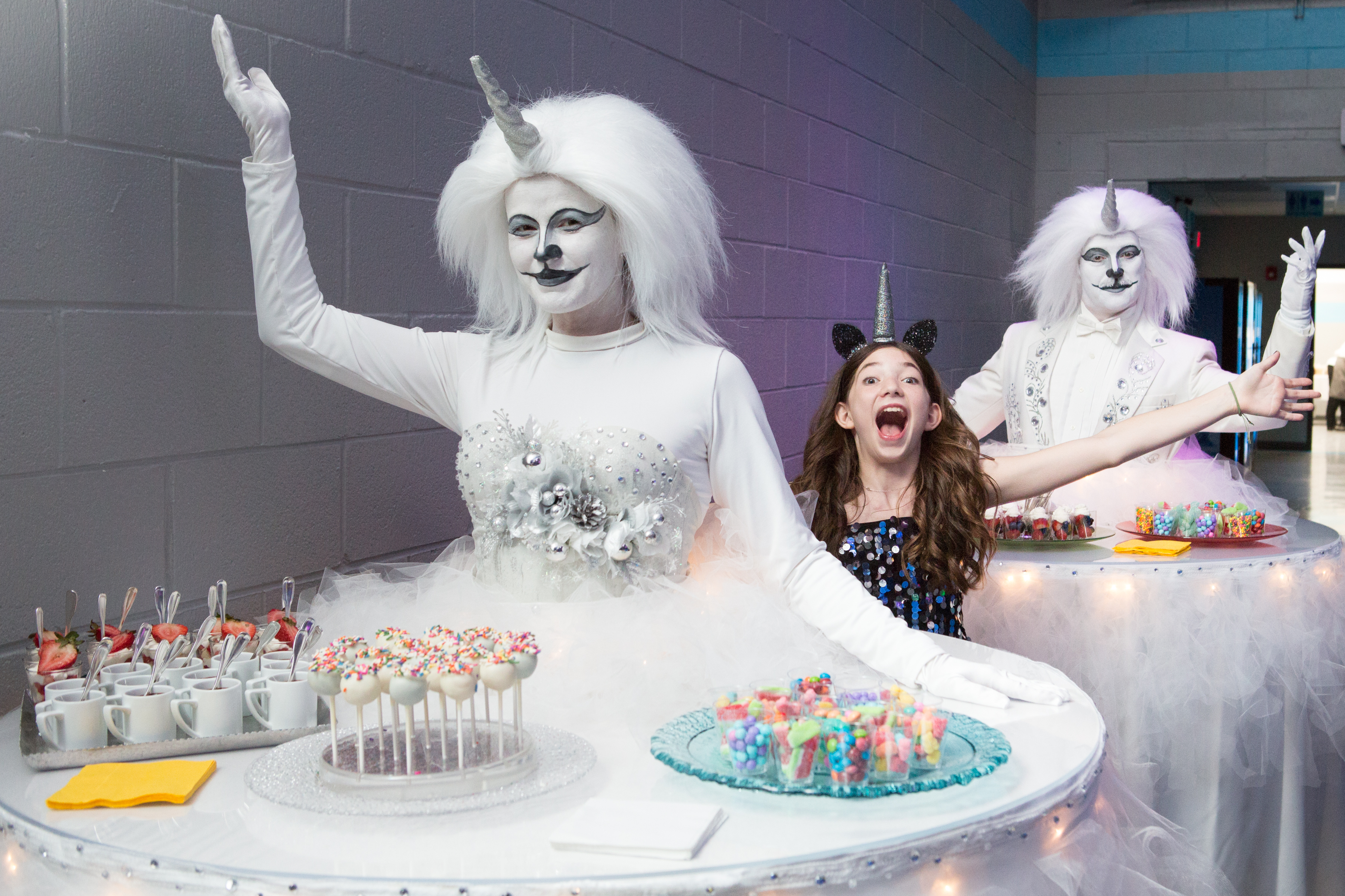 Unicorn dessert table | AvaZone Magical Whimsical Fantasy themed Bat Mitzvah party with bears, lighting, lounge furniture, cotton candy, unicorn tables and more at ZavaZone in Sterling VA | Photography by Jessica Latos Photography