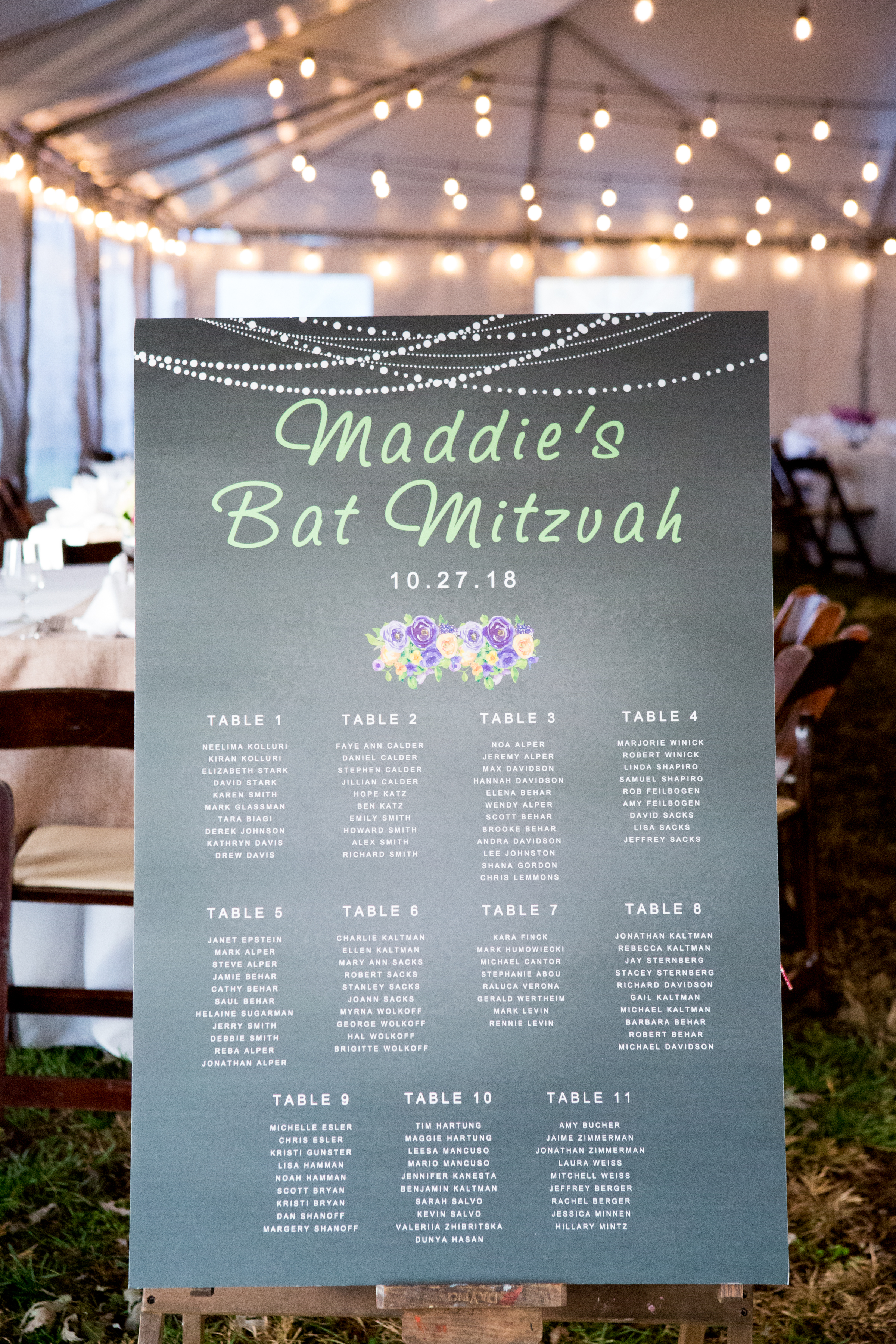 Rustic Seating chart at Maddie's Rustic Pink and purple Bat Mitzvah at Rocklands Farms in Poolsville, MD | Pop Color Events | Adding a Pop of Color to Bar & Bat Mitzvahs in DC, MD, and VA | Photo by Jessica Latos Photography