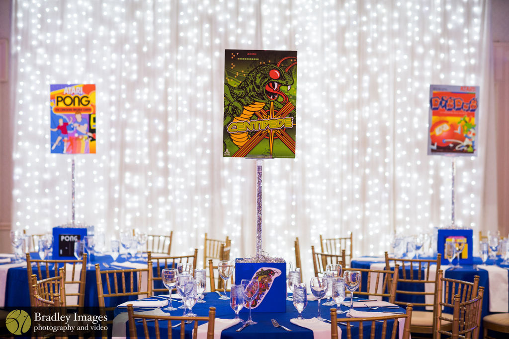 Centerpieces at Ryan's Video Game Bar Mitzvah at the Ballroom Bethesda | Pop Color Events | Adding a Pop of Color to Bar & Bat Mitzvahs in DC, MD & VA | Photo by: Bradley Images
