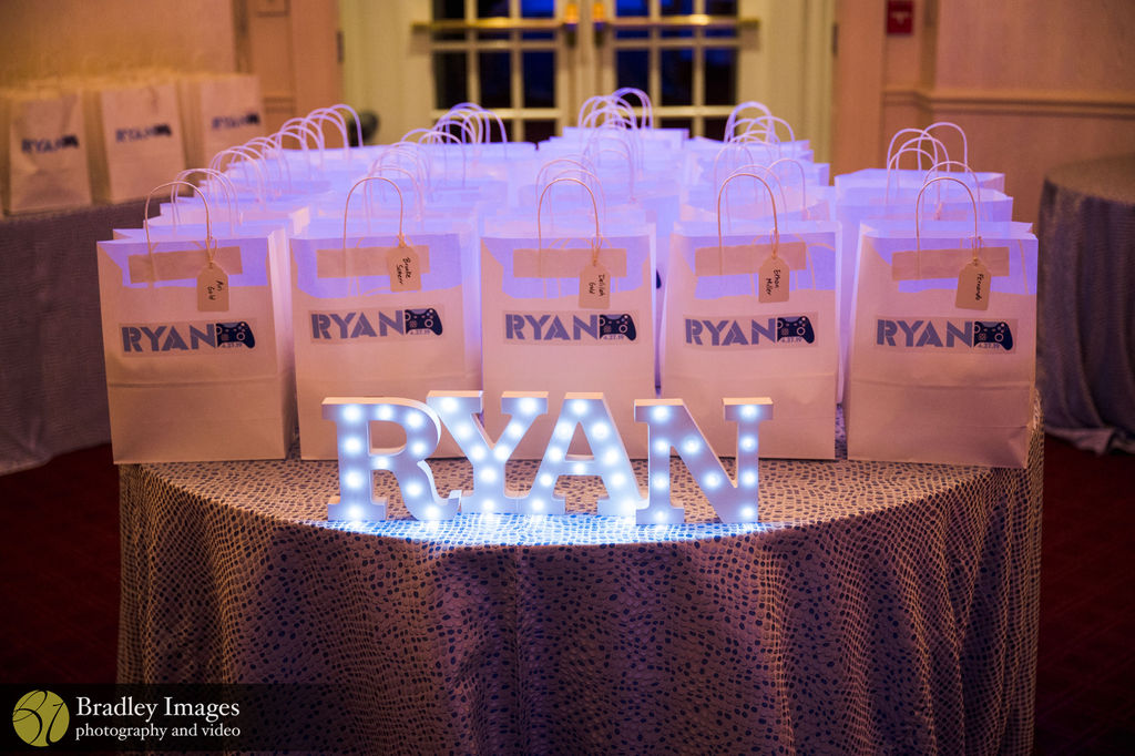 Favors at Ryan's Video Game Bar Mitzvah at the Ballroom Bethesda | Pop Color Events | Adding a Pop of Color to Bar & Bat Mitzvahs in DC, MD & VA | Photo by: Bradley Images