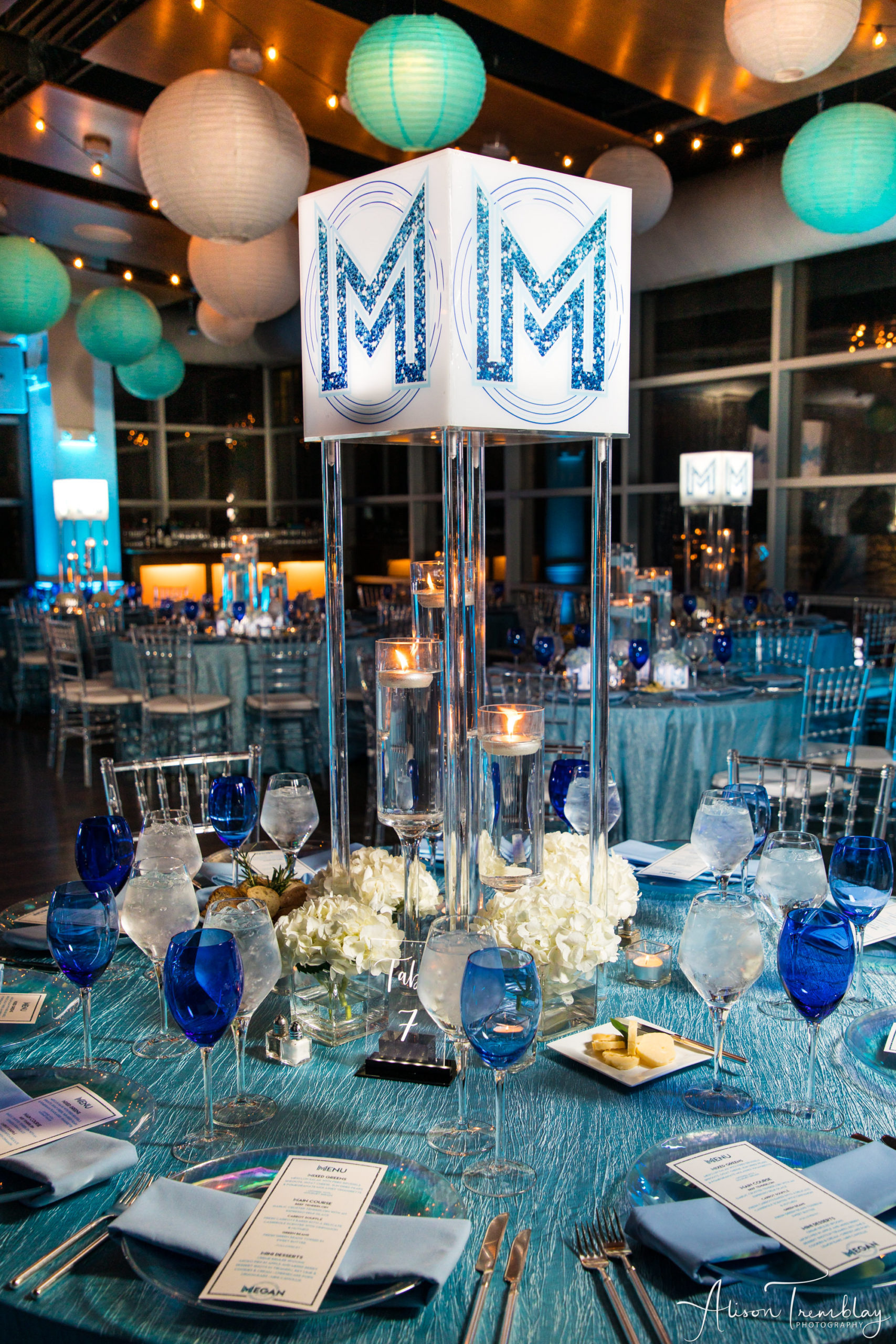 Centerpieces at Megan's Blue Sparkle Bat Mitzvah at VisArts in Rockville, MD | Pop Color Events | Adding a Pop of Color to Bar & Bat Mitzvahs in DC, MD & VA | Photo by: Alison Tremblay Photography
