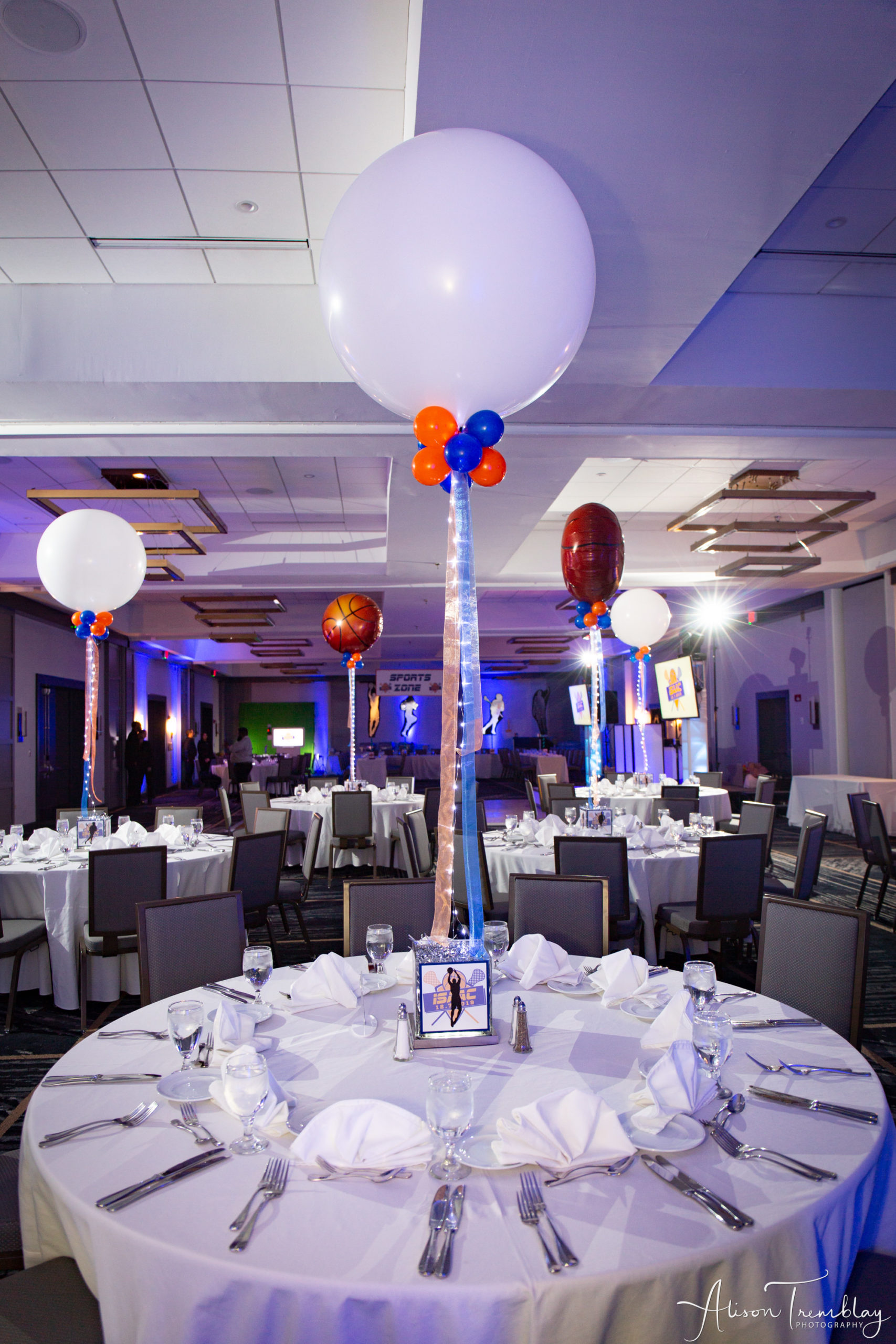 Balloon centerpieces at Isaac's Sporty Bar Mitzvah at DoubleTree Washington DC North/Gaithersburg | Pop Color Events | Adding a Pop of Color to Bar & Bat Mitzvahs in DC, MD & VA | Photo by: Alison Tremblay Photography