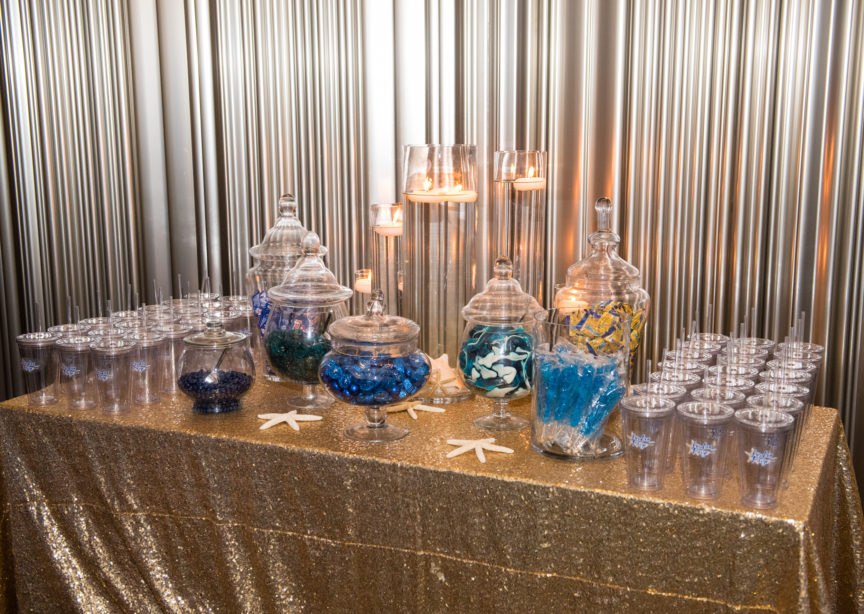 Glittery candy buffet at Jordan's Sparkling Beach Bat Mitzvah at Hyatt Regency Tysons Corner Center Virginia | Pop Color Events | Adding a Pop of Color to Bar & Bat Mitzvahs in DC, MD & VA | Photo by: Lacey Ann Photography