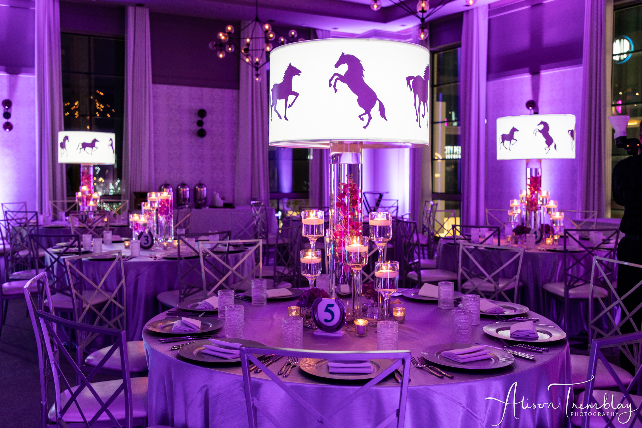 Lampshade centerpieces and horse shoe table numbers at Zoe's Purple and Teal Equestrian Bat Mitzvah at Canopy by Hilton Washington DC Bethesda North | Pop Color Events | Adding a Pop of Color to Bar & Bat Mitzvahs in DC, MD & VA | Photo by: Alison Tremblay Photography