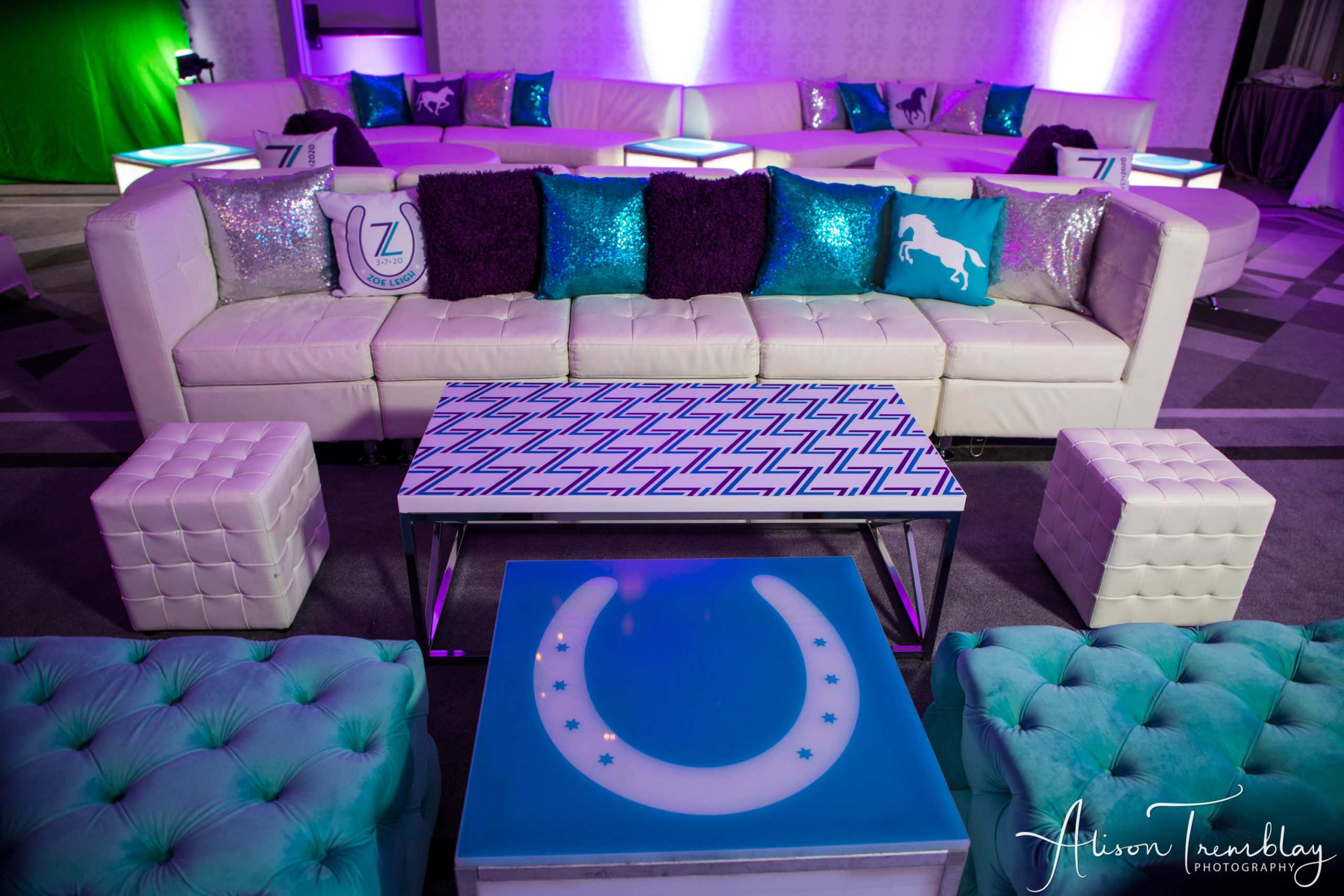 Lounge at Zoe's Purple and Teal Equestrian Bat Mitzvah at Canopy by Hilton Washington DC Bethesda North | Pop Color Events | Adding a Pop of Color to Bar & Bat Mitzvahs in DC, MD & VA | Photo by: Alison Tremblay Photography