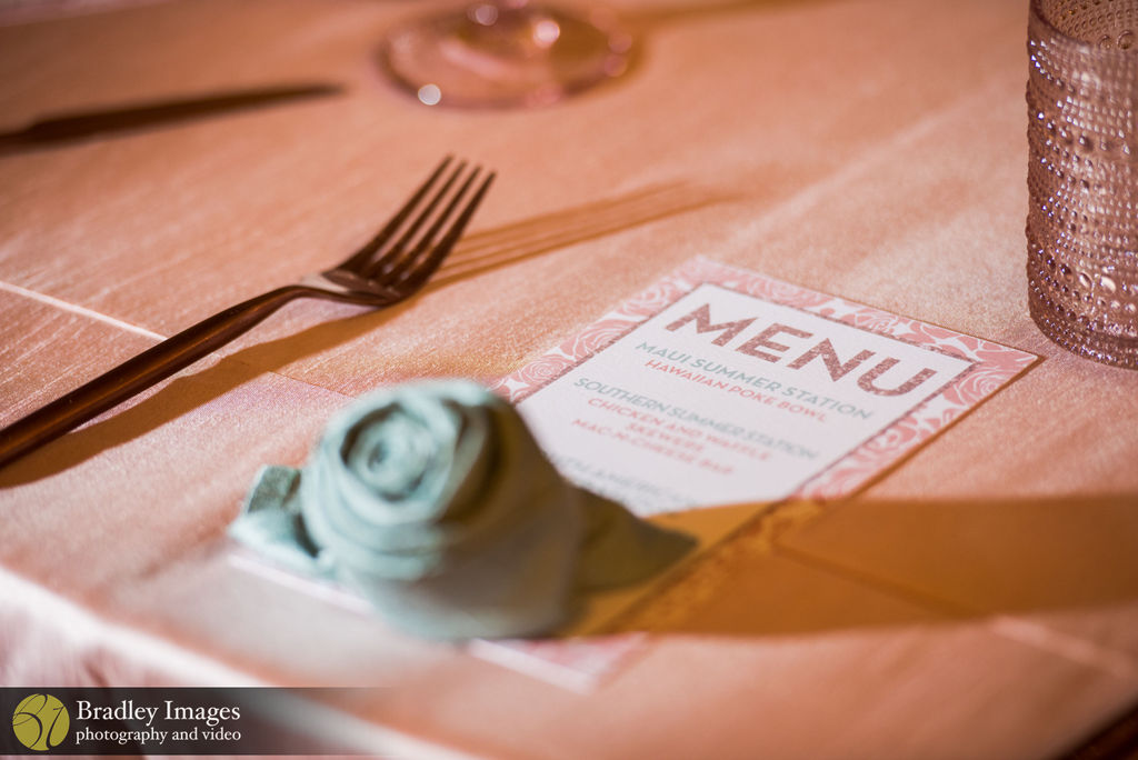 Menu and table settings at Audrey's Pink and Rose Gold, Feminine Bat Mitzvah at Washington Hebrew Congregation in Washington DC | Pop Color Events | Adding a Pop of Color to Bar & Bat Mitzvahs in DC, MD & VA | Photo by: Bradley Images