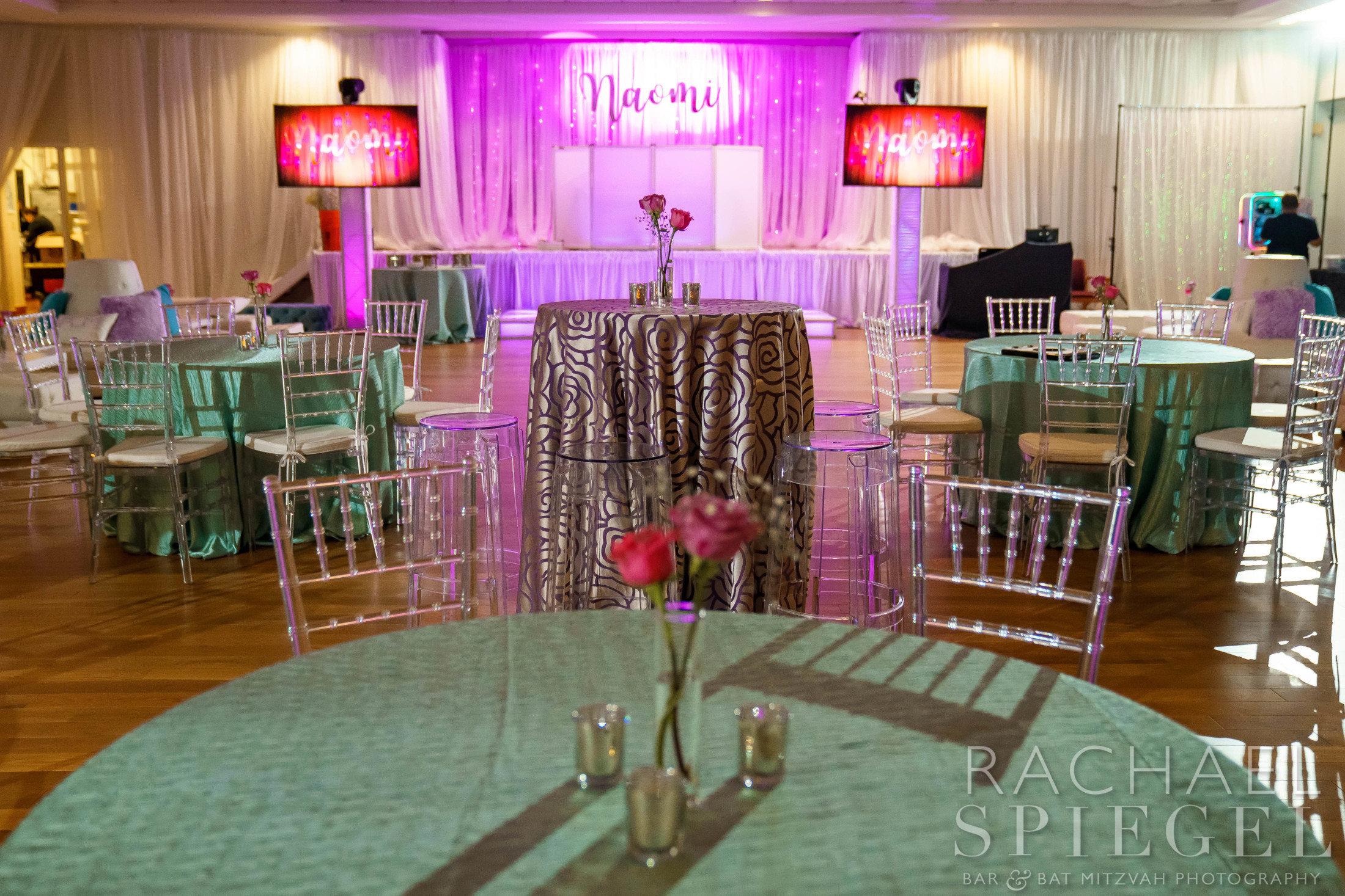 Naomi's fancy reception with pink, blue and purple decors at Naomi's Pink and Purple Floral Bat Mitzvah Party at Temple Sinai in Washington, DC | Pop Color Events | Adding a Pop of Color to Bar & Bat Mitzvahs in DC, MD & VA | Photo by: Rachael Spiegel Photography
