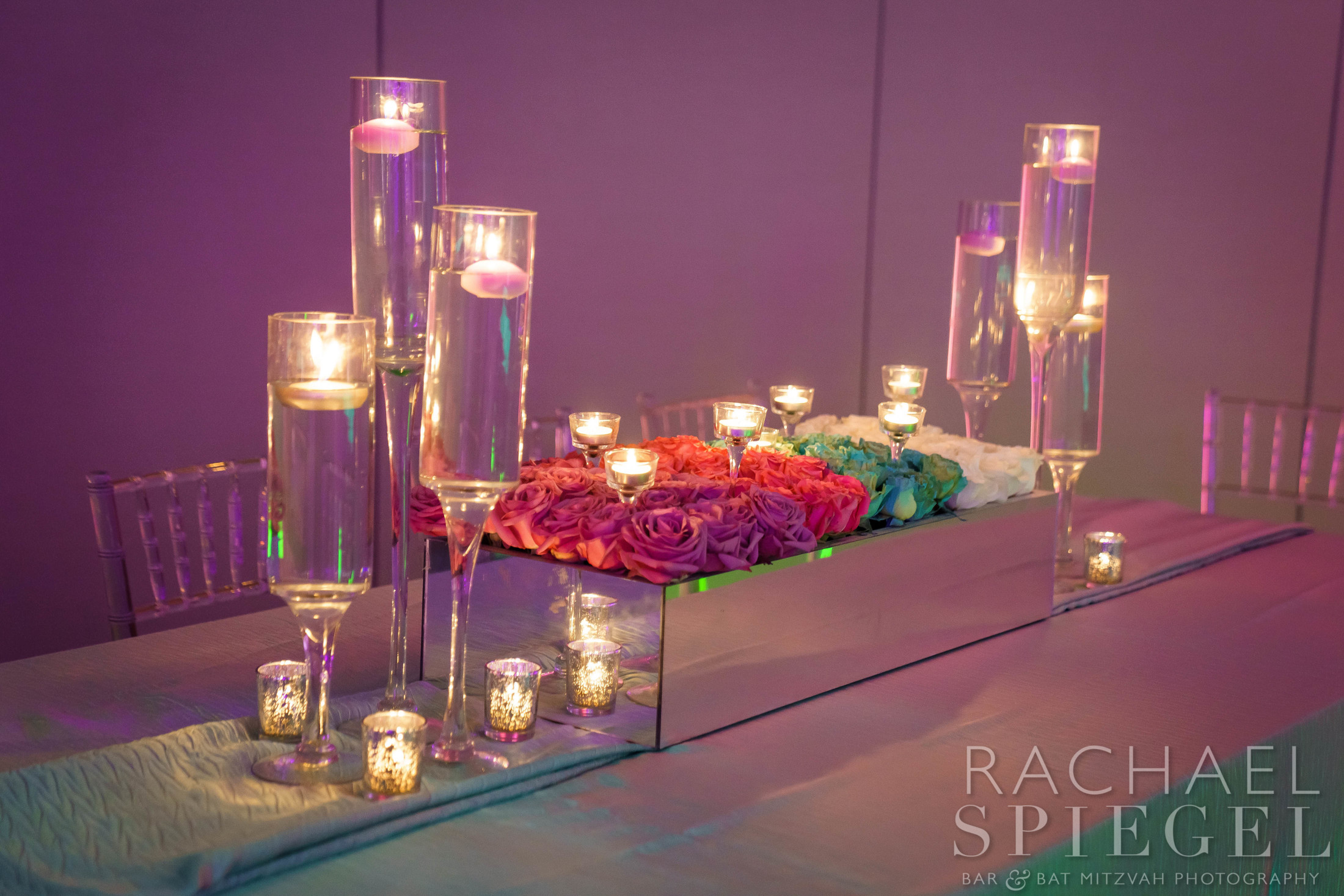 Naomi's pink and blue lighting decoration at Naomi's Pink and Purple Floral Bat Mitzvah Party at Temple Sinai in Washington, DC | Pop Color Events | Adding a Pop of Color to Bar & Bat Mitzvahs in DC, MD & VA | Photo by: Rachael Spiegel Photography