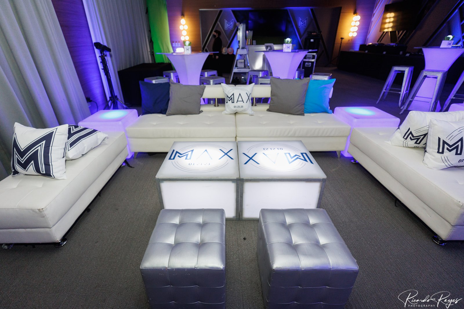 Lounge furniture at Max's Sporty Bar Mitzvah Party at Top Golf in Germantown, MD | Pop Color Events | Adding a Pop of Color to Bar & Bat Mitzvahs in DC, MD & VA | Photo by: Ricardo Reyes Photography