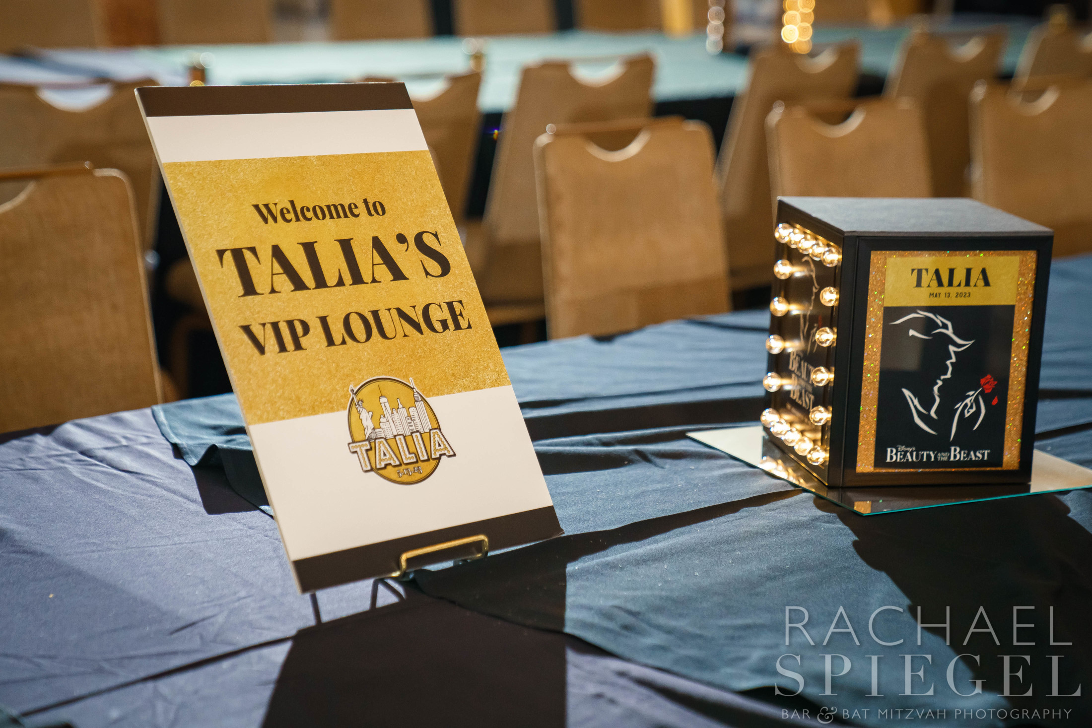 Kids VIP Lounge low Broadway centerpieces at Talia's Broadway Bat Mitzvah at Gaithersburg Marriott Washingtonian Center | Pop Color Events | Adding a Pop of Color to Bar & Bat Mitzvahs in DC, MD & VA | Photo by: Rachael Spiegel Photography