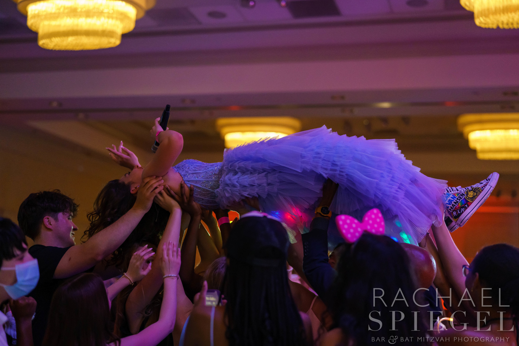 Crowd surfing at Talia's Broadway Bat Mitzvah at Gaithersburg Marriott Washingtonian Center | Pop Color Events | Adding a Pop of Color to Bar & Bat Mitzvahs in DC, MD & VA | Photo by: Rachael Spiegel Photography
