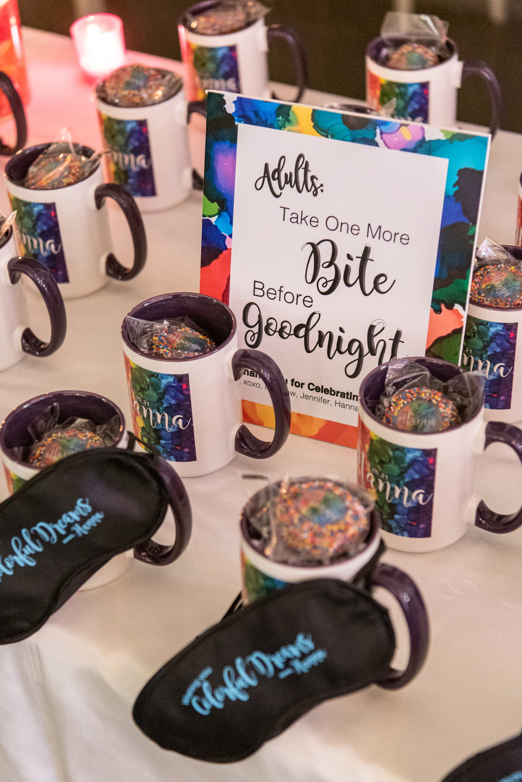 Coffee mugs with treats | Pop Color Events | Adding a Pop of Color to Bar & Bat Mitzvahs in DC, MD & VA | Photo by: Greg Land