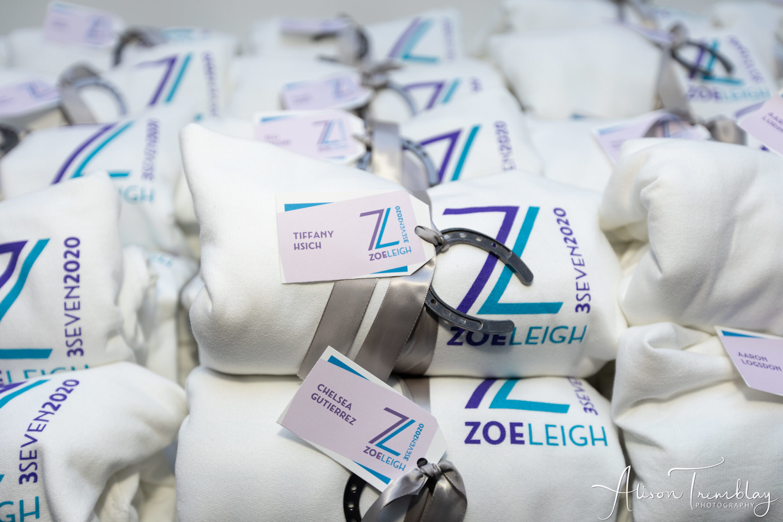 Horse shoe sweatshirts favors with tag and embellishment | Pop Color Events | Adding a Pop of Color to Bar & Bat Mitzvahs in DC, MD & VA | Photo by: Alison Tremblay Photography