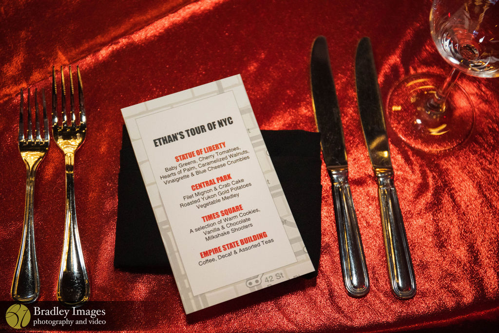 Menu at Ethan's New York City-Themed Bar Mitzvah Party at Lakewood Country Club | Pop Color Events | Adding a Pop of Color to Bar & Bat Mitzvahs in DC, MD & VA | Photo by: Bradley Images
