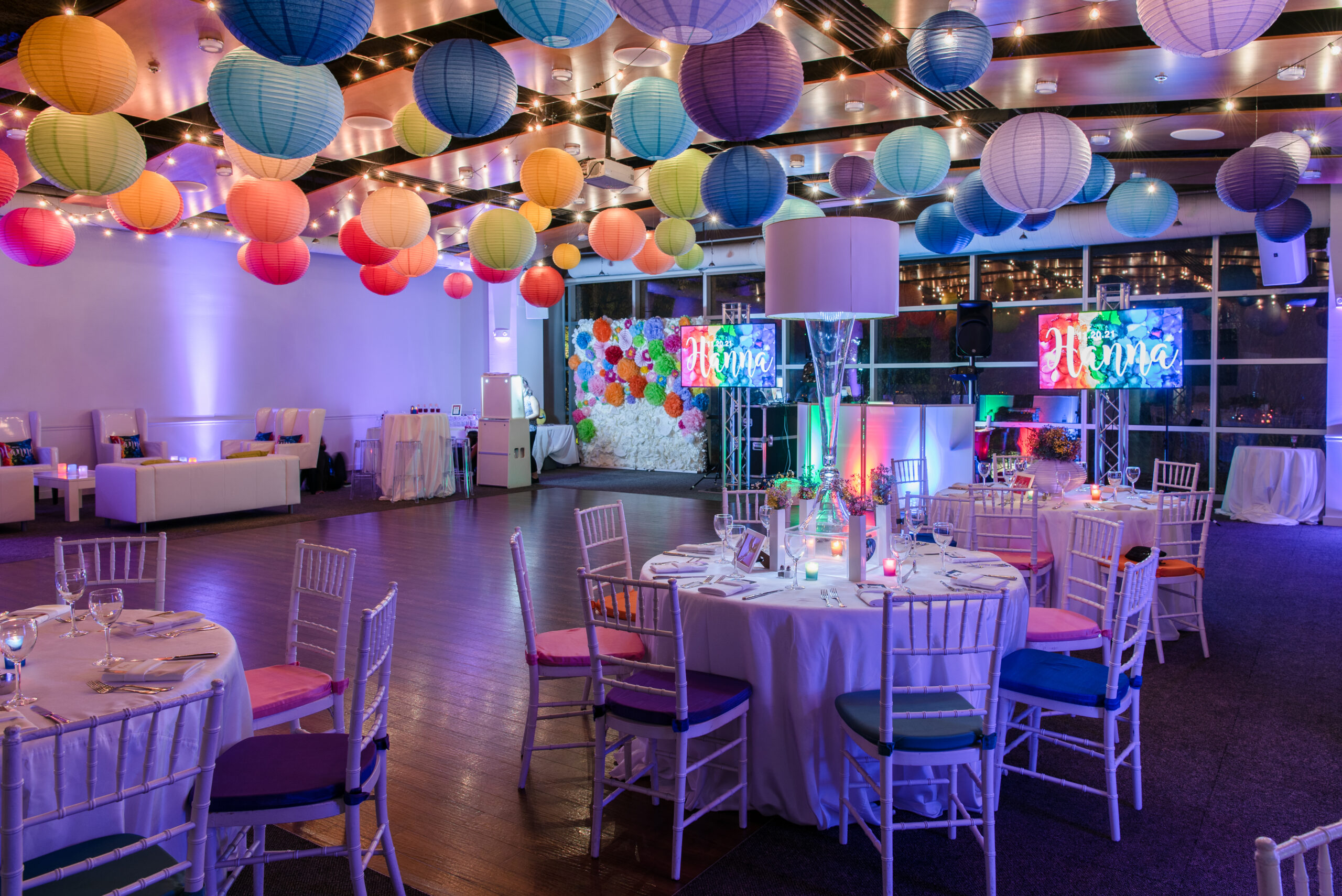 Centerpieces at Hanna's colorful rainbow paper lantern Bat Mitzvah at VisArts | Pop Color Events | Adding a Pop of Color to Bar & Bat Mitzvahs in DC, MD & VA | Photo by: Greg Land