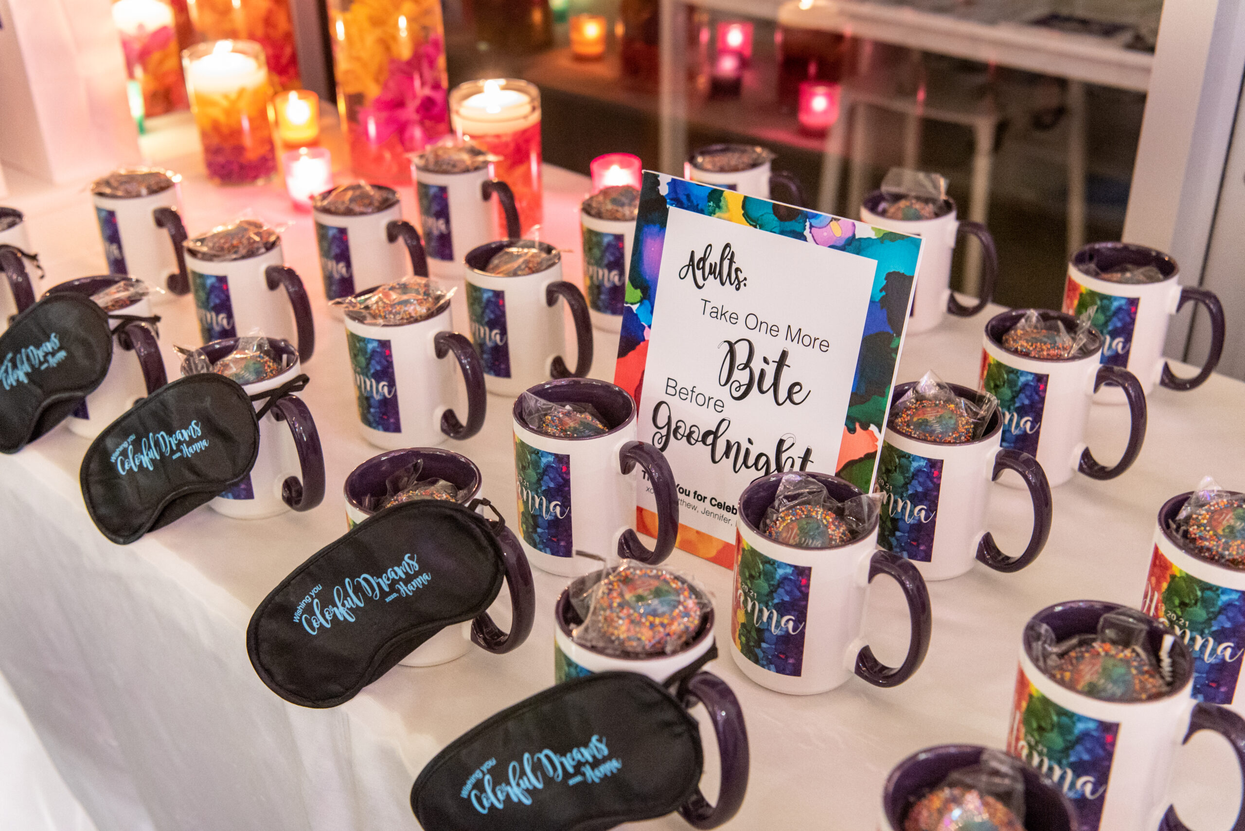 Mug favors at Hanna's colorful rainbow paper lantern Bat Mitzvah at VisArts | Pop Color Events | Adding a Pop of Color to Bar & Bat Mitzvahs in DC, MD & VA | Photo by: Greg Land