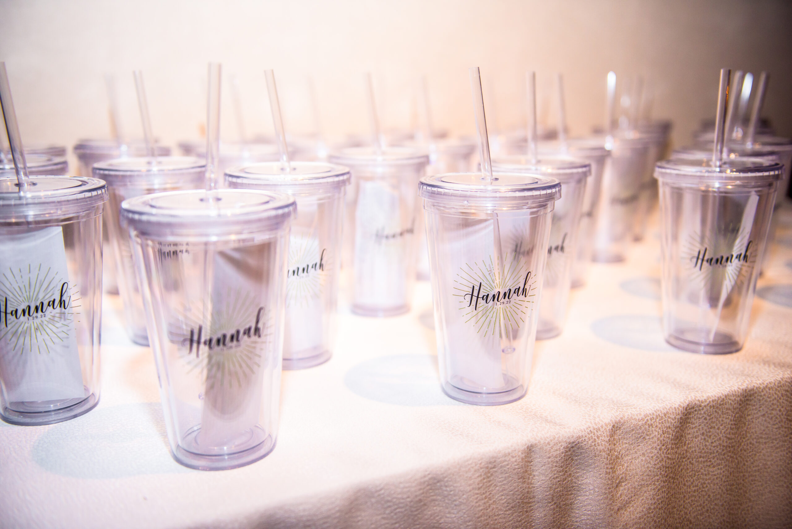 Water tumbler favors at Hannah's Sophisticated Bat Mitzvah Soiree at Eaton DC | Pop Color Events | Adding a Pop of Color to Bar & Bat Mitzvahs in DC, MD & VA | Photo by: Jacie Lee Almira Photography