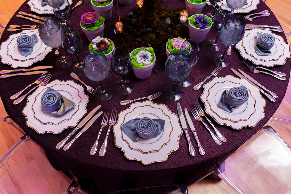 Flower cupcakes and place settings at Jordan's Enchanted Garden Bat Mitzvah at Temple Rodef Shalom in Falls Church, VA | Pop Color Events | Adding a Pop of Color to Bar & Bat Mitzvahs in DC, MD & VA | Photo by: Michael Temchine Photography