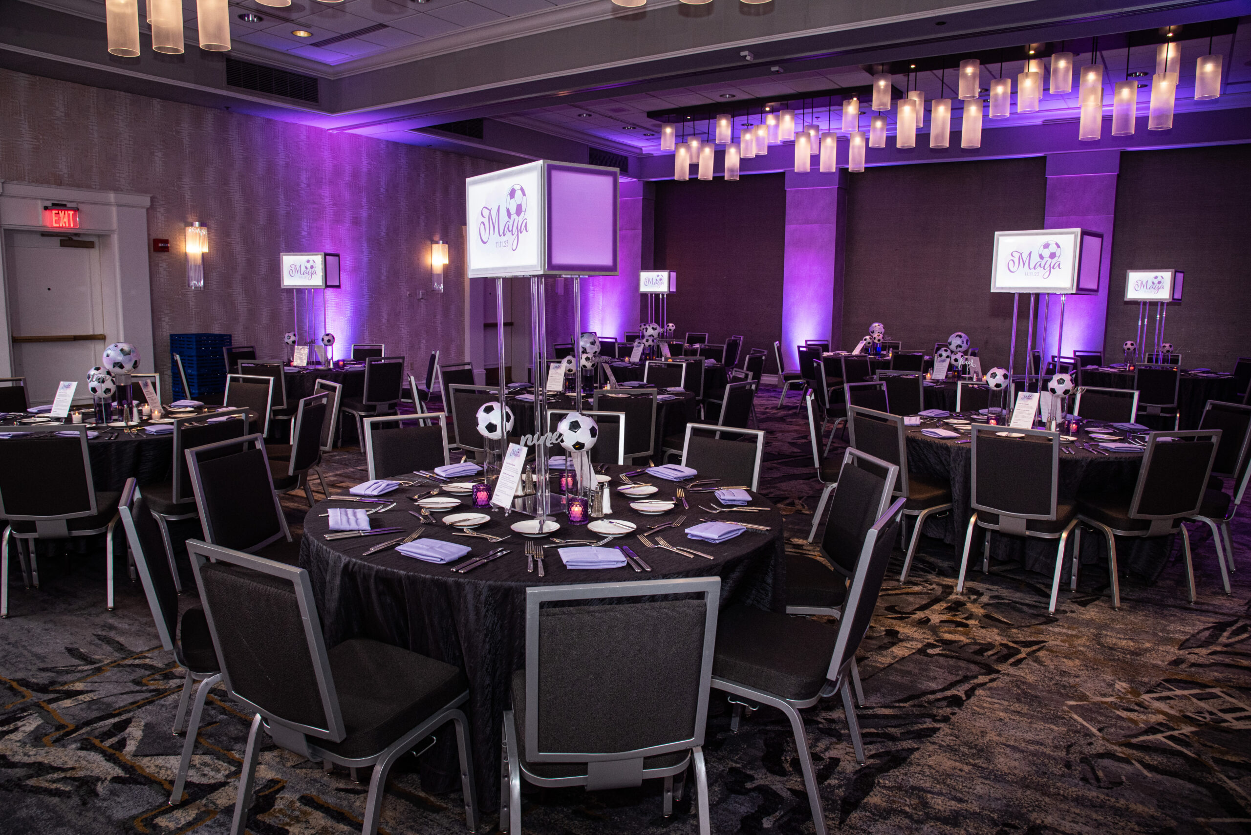 Centerpieces at Maya's watercolor soccer Bat Mitzvah party at Marriott Bethesda Pooks Hill | Pop Color Events | Adding a Pop of Color to Bar & Bat Mitzvahs in DC, MD & VA | Photo by: Al Peasley