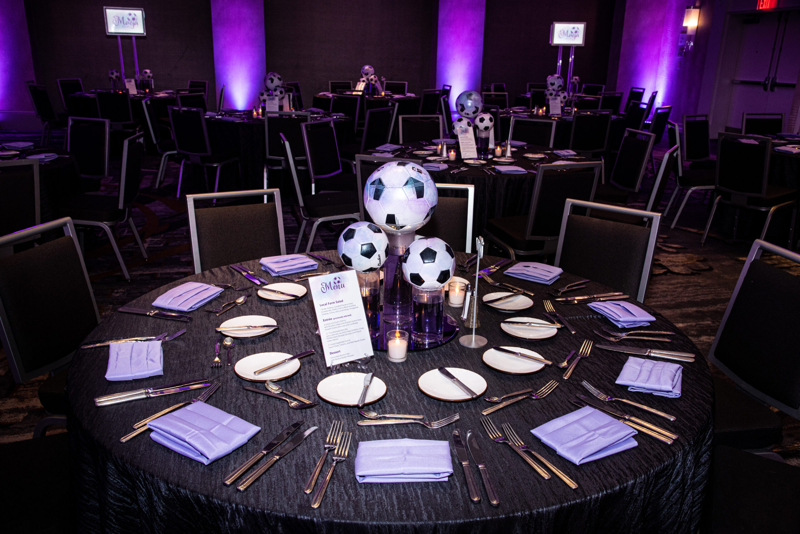 Centerpieces at Maya's watercolor soccer Bat Mitzvah party Marriott Bethesda Pooks Hill | Pop Color Events | Adding a Pop of Color to Bar & Bat Mitzvahs in DC, MD & VA | Photo by: Al Peasley