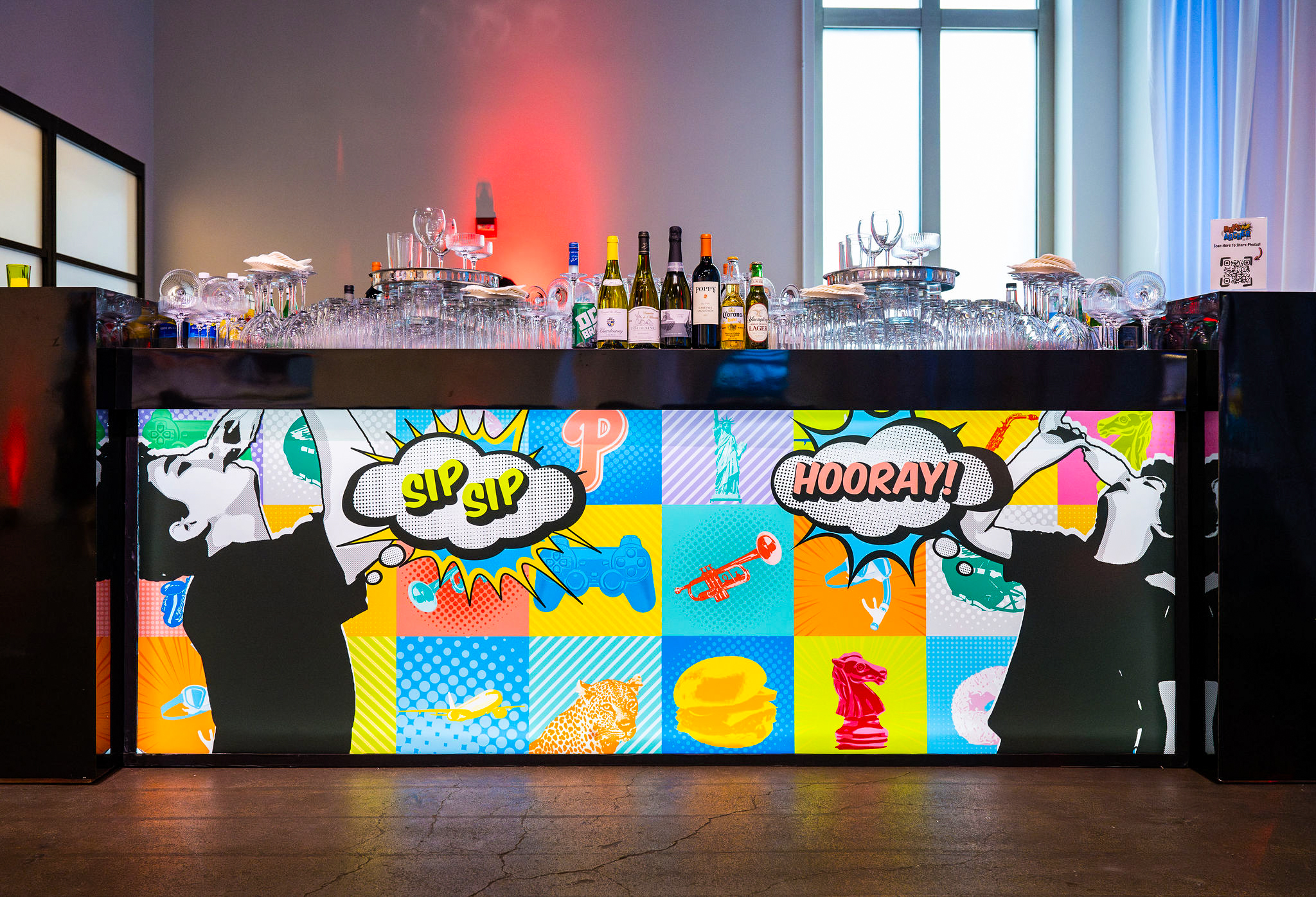 Custom Bar at Rhys and Archer's Comic Book-themed Bar Mitzvah Party at Showroom DC | Pop Color Events | Adding a Pop of Color to Bar & Bat Mitzvahs in DC, MD & VA | Photo by: Lacey Ann Photography