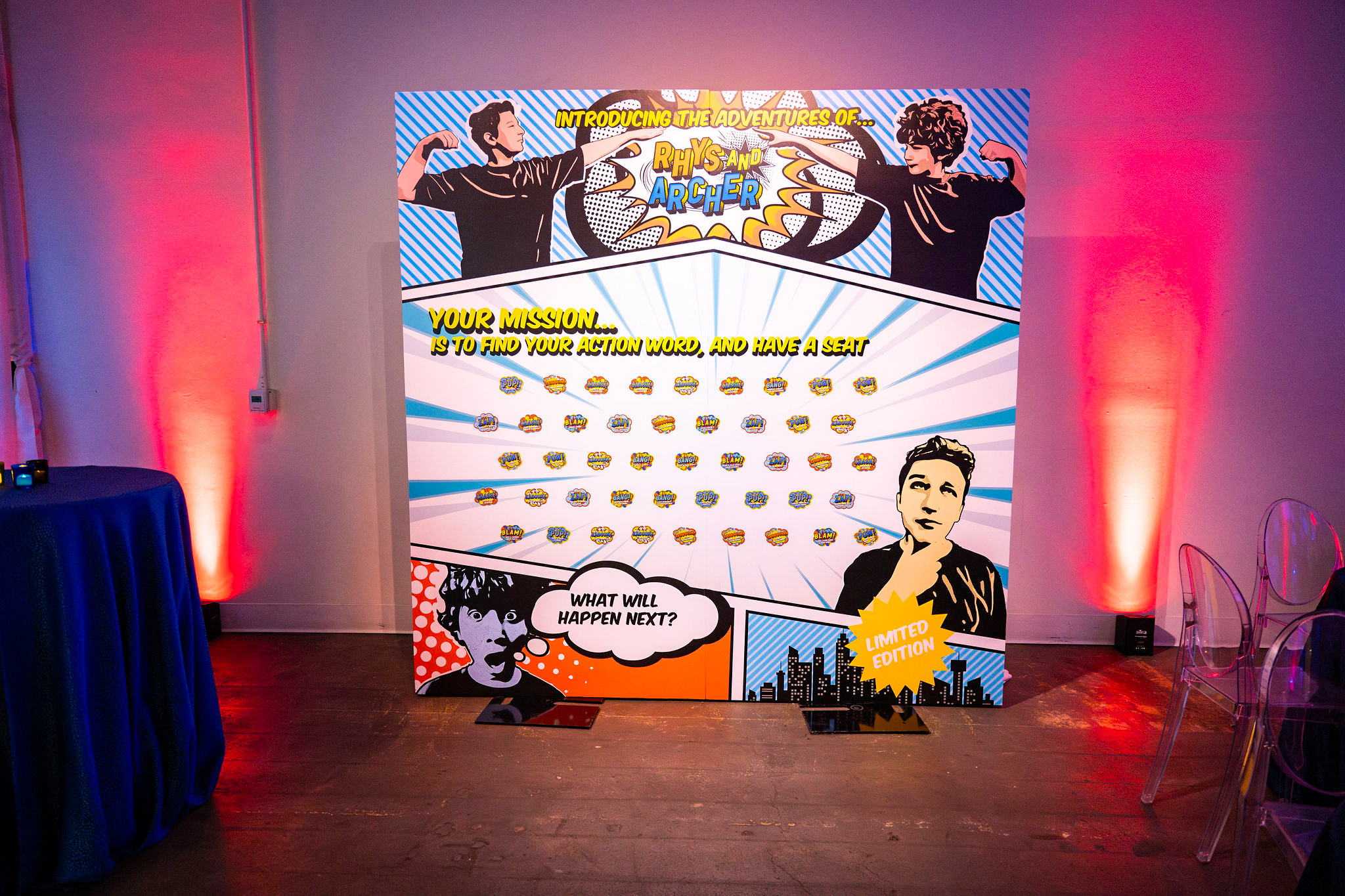 Escort Card wall at Rhys and Archer's Comic Book-themed Bar Mitzvah Party at Showroom DC | Pop Color Events | Adding a Pop of Color to Bar & Bat Mitzvahs in DC, MD & VA | Photo by: Lacey Ann Photography