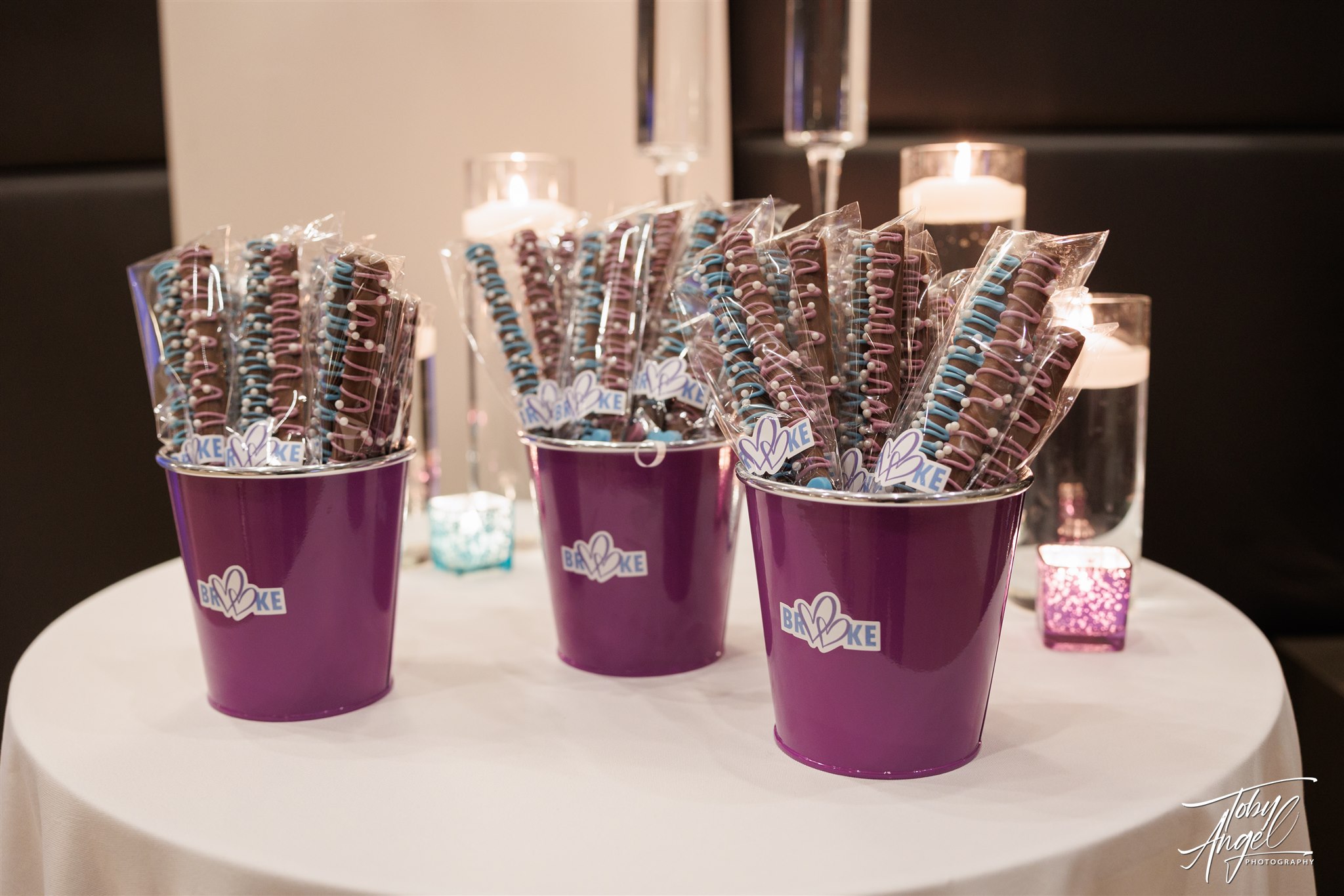Chocolate covered pretzels at Brooke's heart Filled Bat Mitzvah Party at Lakewood Country Club | Pop Color Events | Adding a Pop of Color to Bar & Bat Mitzvahs in DC, MD & VA | Photo by: Toby Angel Photography
