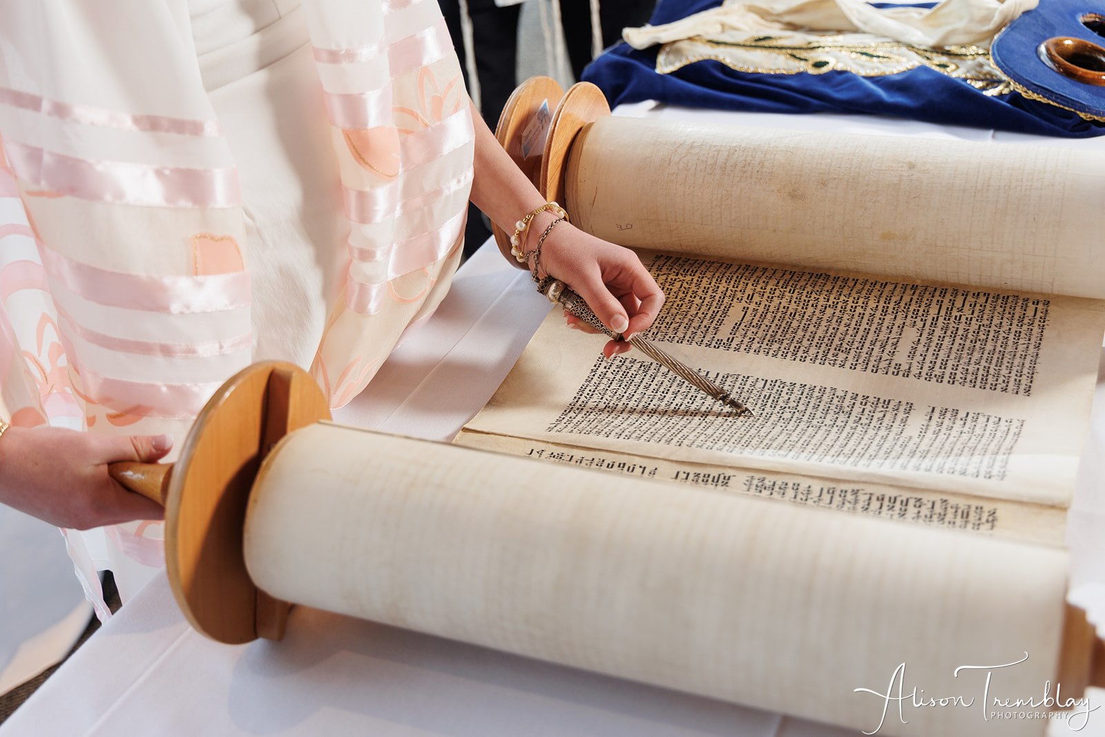 Torah with yad | Pop Color Events | Adding a Pop of Color to Bar & Bat Mitzvahs in DC, MD & VA | Photo by: Alison Tremblay