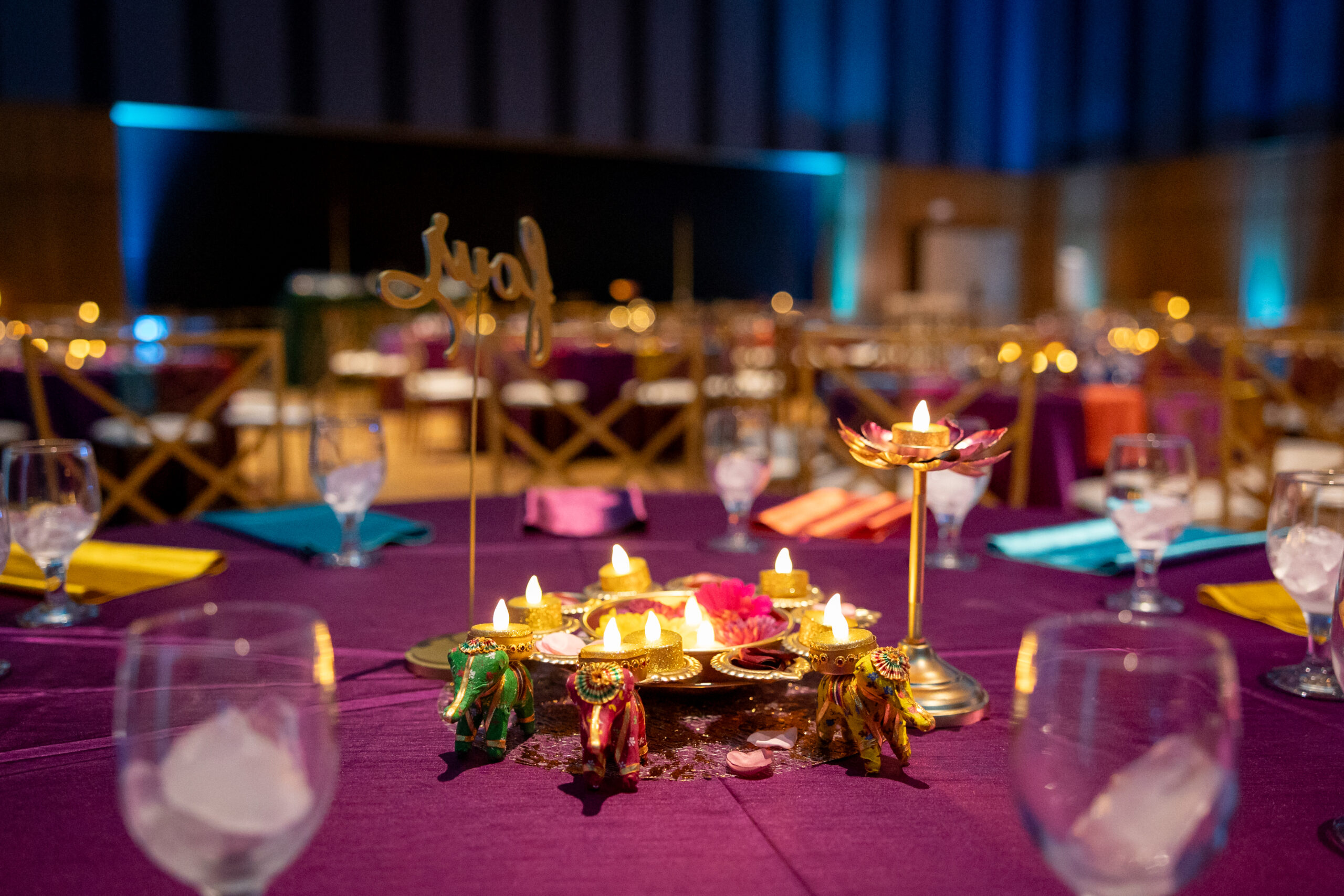 Urli centerpieces at Priya's Colorful Indian Fusion Bat Mitzvah Party at Silver Spring Civic Building | Pop Color Events | Adding a Pop of Color to Bar & Bat Mitzvahs in DC, MD & VA | Photo by: Jessica Latos Photography