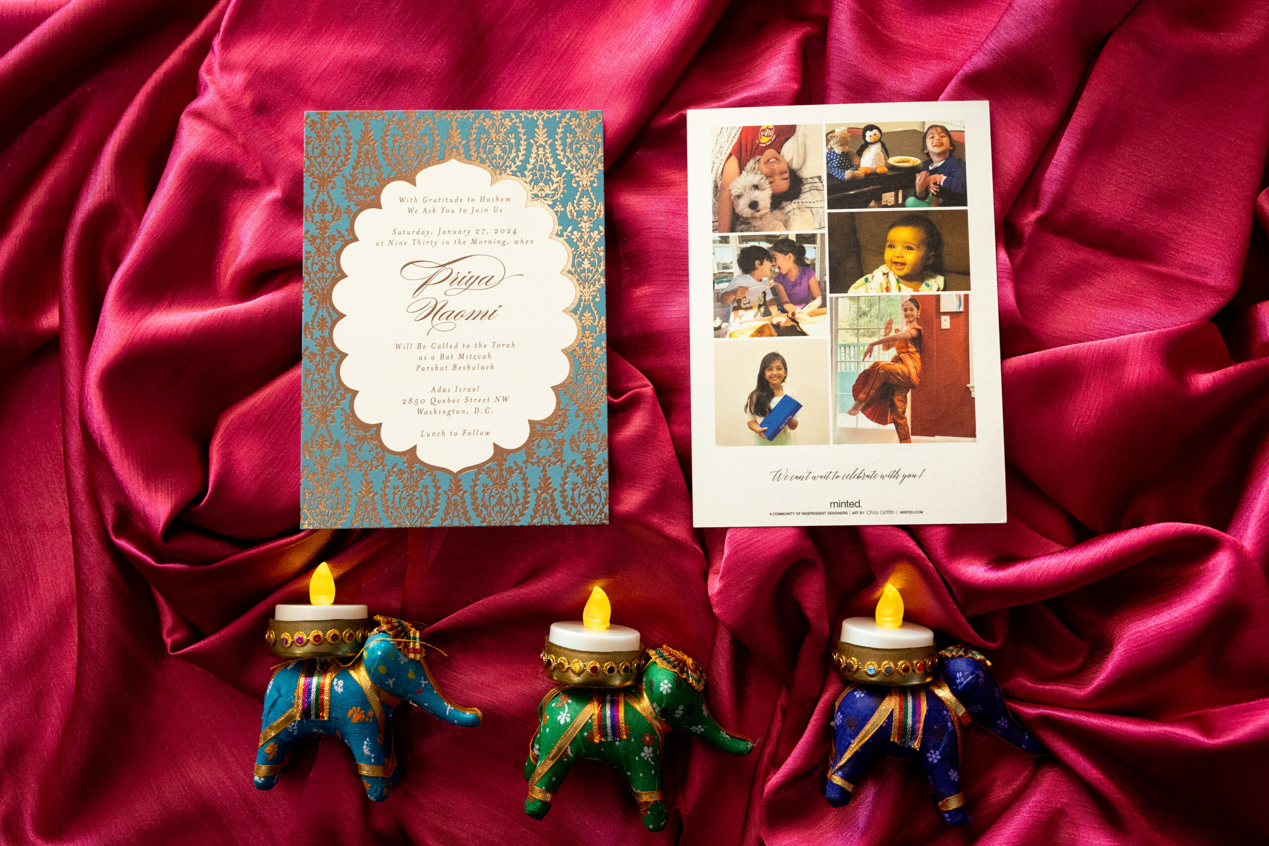 Elephants and Invitations at Priya's Colorful Indian Fusion Bat Mitzvah Party at Silver Spring Civic Building | Pop Color Events | Adding a Pop of Color to Bar & Bat Mitzvahs in DC, MD & VA | Photo by: Jessica Latos Photography