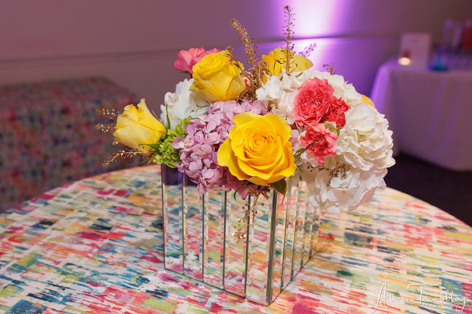 Mirror cubes and Flower Centerpieces at Hannah's floral taco fiesta at VisArts in Rockville, MD | Pop Color Events | Adding a Pop of Color to Bar & Bat Mitzvahs in DC, MD & VA | Photo by: Alison Tremblay Photography