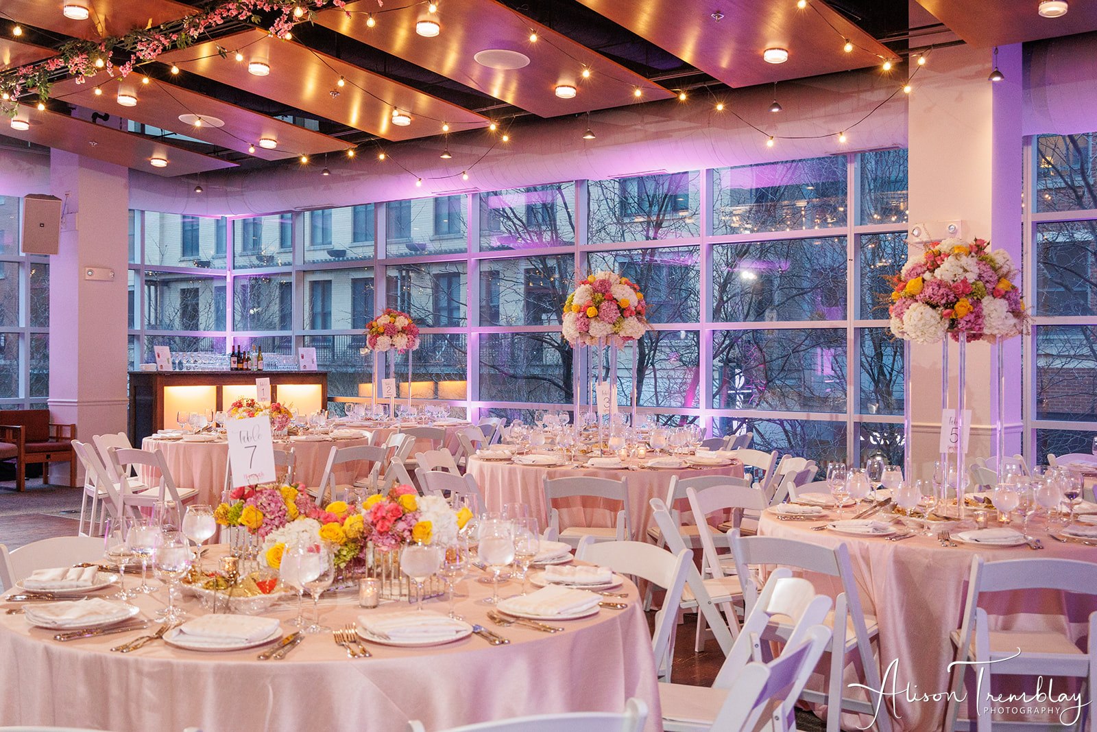 Flower Centerpieces at Hannah's floral taco fiesta at VisArts in Rockville, MD | Pop Color Events | Adding a Pop of Color to Bar & Bat Mitzvahs in DC, MD & VA | Photo by: Alison Tremblay Photography