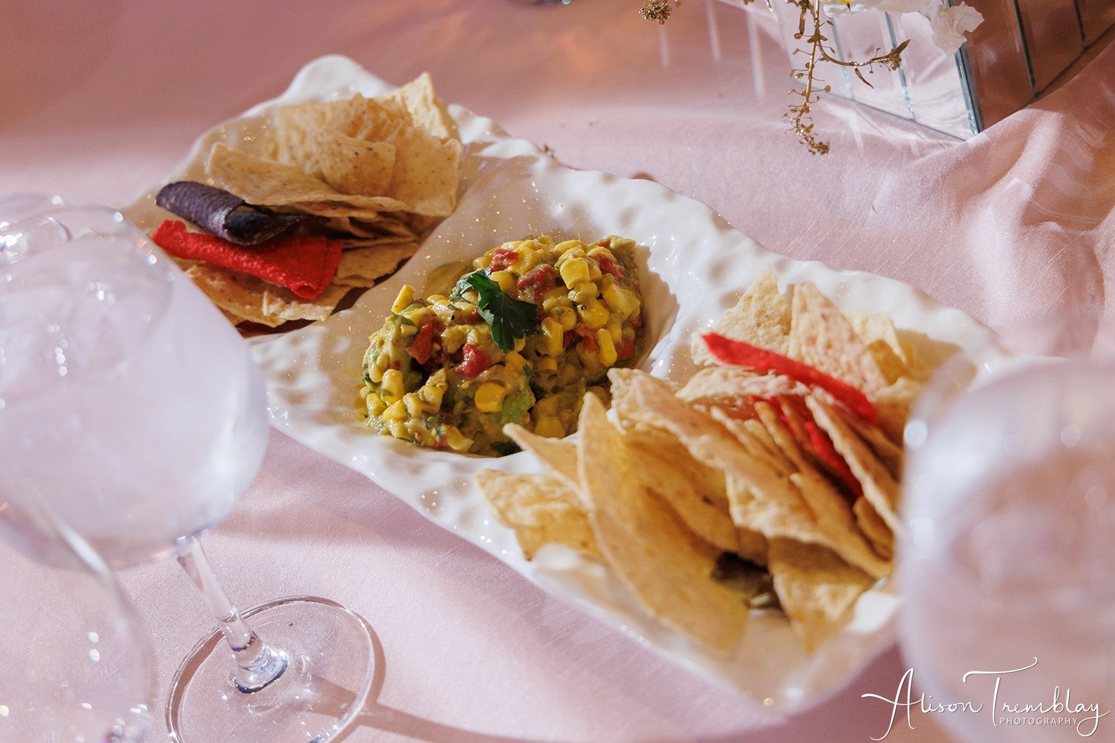 Avocado corn salsa and chips at Hannah's floral taco fiesta at VisArts in Rockville, MD | Pop Color Events | Adding a Pop of Color to Bar & Bat Mitzvahs in DC, MD & VA | Photo by: Alison Tremblay Photography